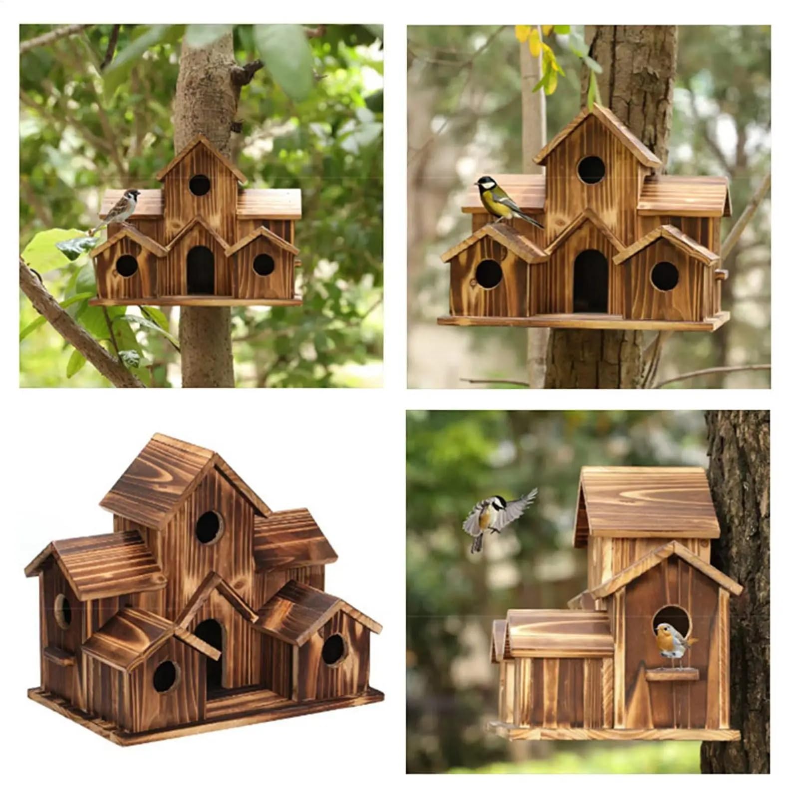 Casita pajaros Exterior Pajarera de Madera rústica Decorativa al Aire Libre con múltiples Agujeros, cabaña for Mascotas, Caja Nido for familias de pájaros