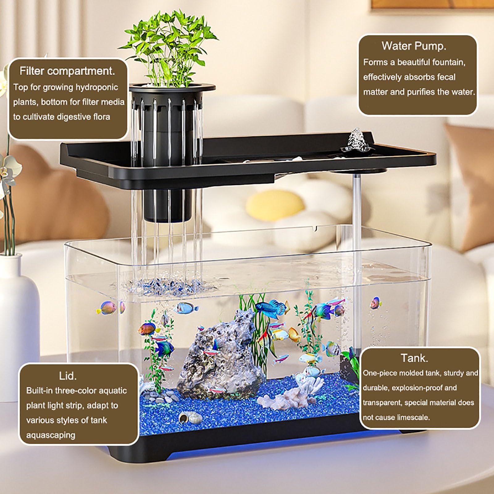 Aquarium avec Couvercle, Kit Complet avec Lampes LED, Pompe À Air, Système De Filtration - Décoration De Table D'aquarium pour Poisson Rouge Crevettes Betta Poisson Tortue(Small)