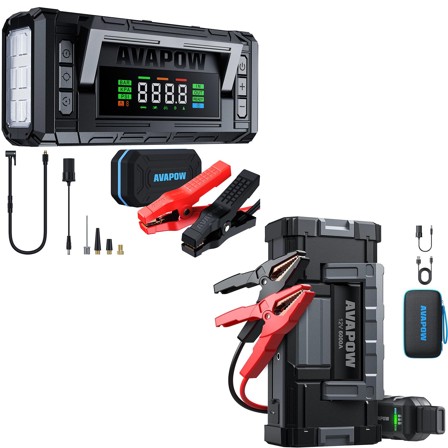 AVAPOW 5000A 150PSI Jump Starter Whit Air Compressor with 4 HD Display AVAPOW 6000A Car Battery Jump Starter