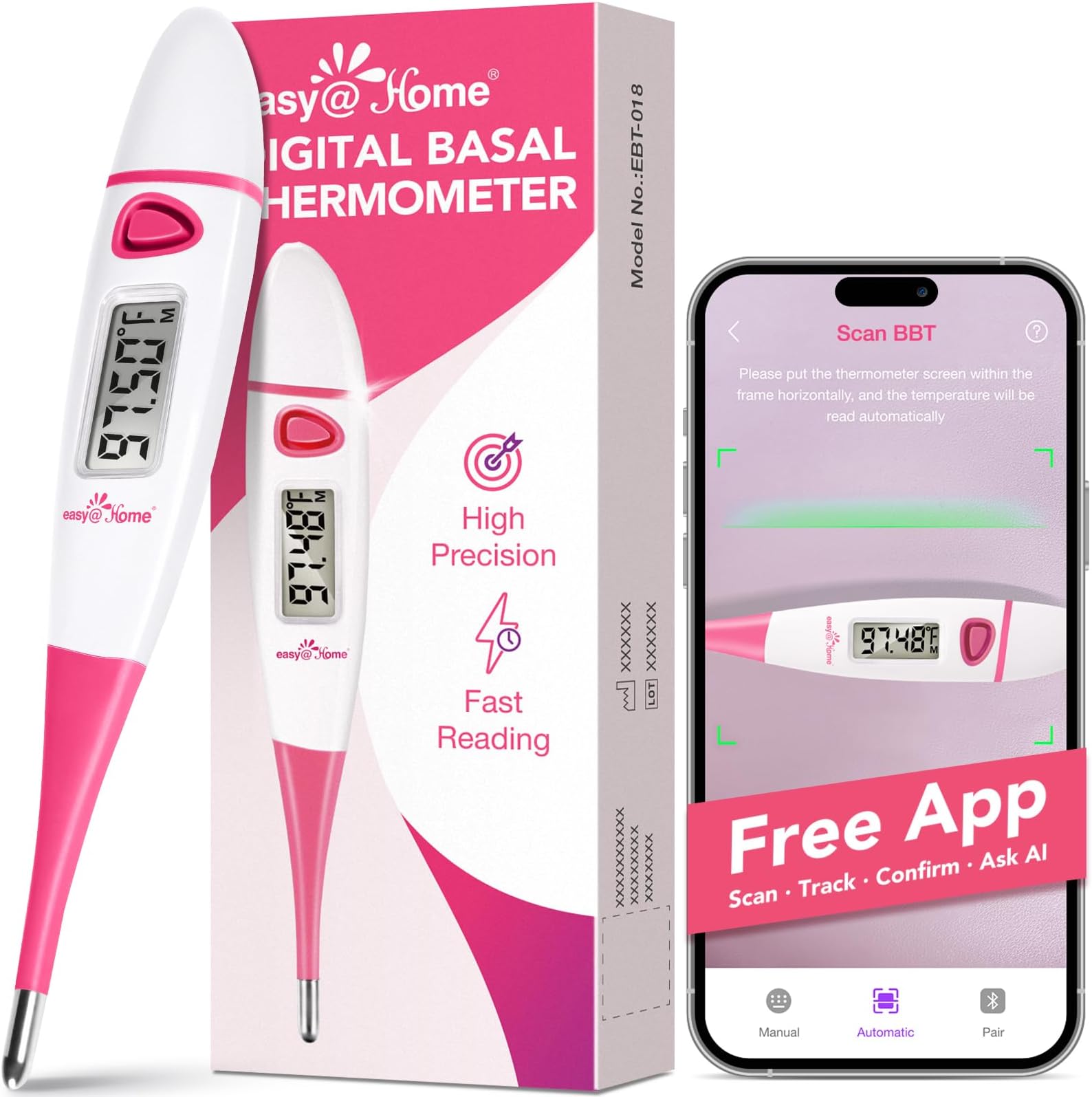 Easy@Home Basal Body Thermometer: BBT for Fertility Prediction with Memory Recall - Accurate Digital Basal Thermometer for Temperature Monitoring with Premom App - EBT-018 (Pink)