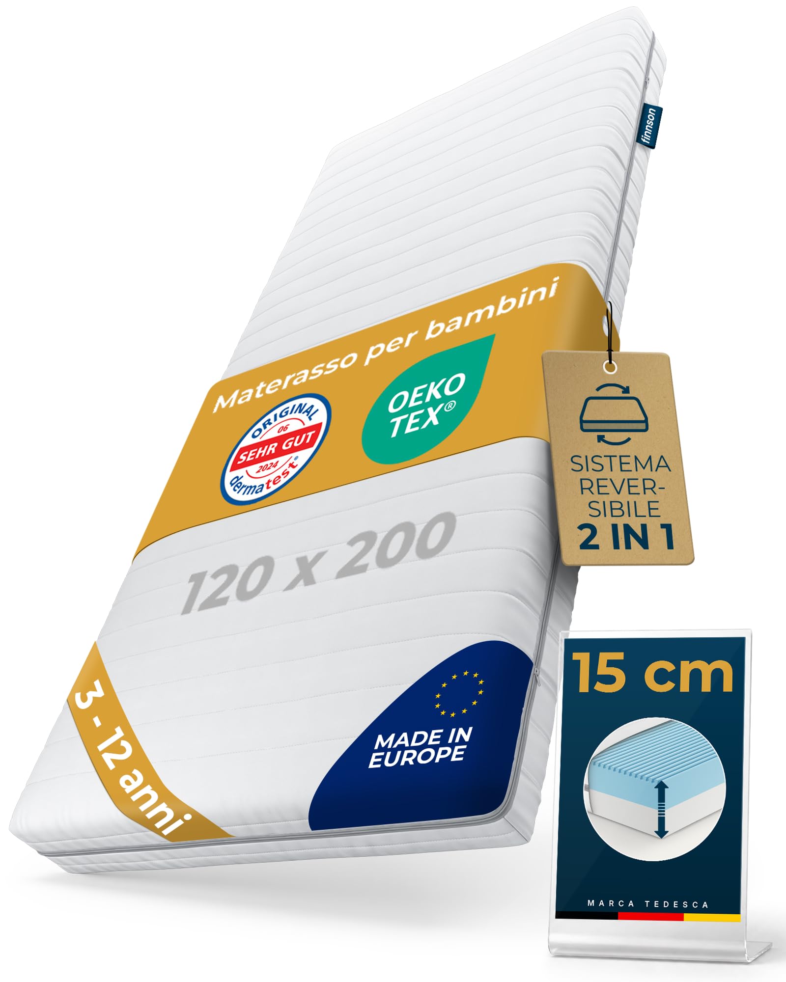 sun garden Materasso Bambini 120x200cm, Sistema 2in1 Evolutivo 3-12 Anni | Schiuma Comfort 15cm RG28 per Lettini e Letti Ragazzi, Certificato Oeko-Tex e Dermatest Ottimo, Prodotto in Europa
