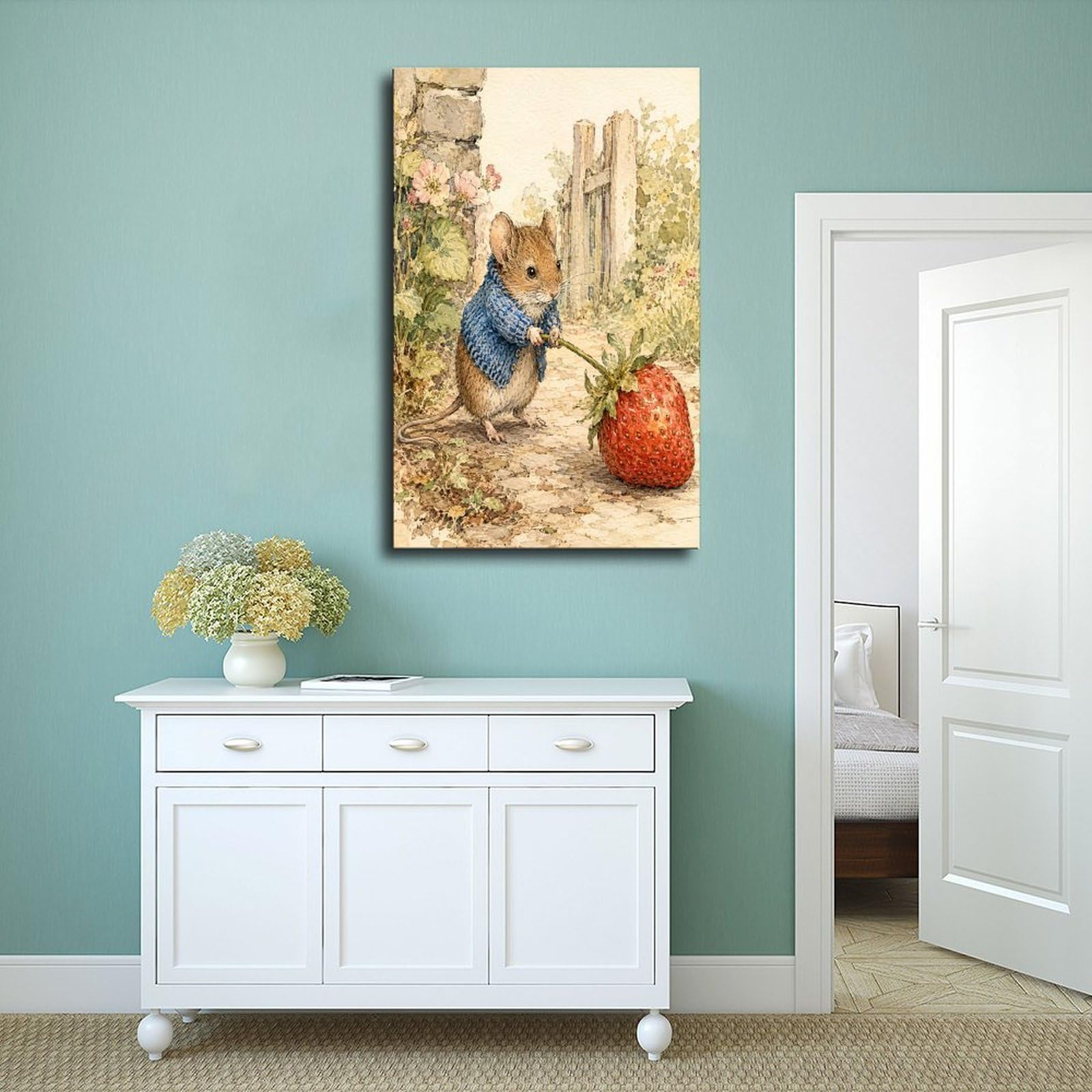 W7C8U2X3 Raton con Fresa Cuadro en Lienzo, Ilustracion Tierna Dormitorio | Libro de cuentos, Cuadro en Lienzo Estudio, Jardin de cuentos, Oficina, Arte Folk, Lienzo de Pared, 20x30inch(50x75cm).