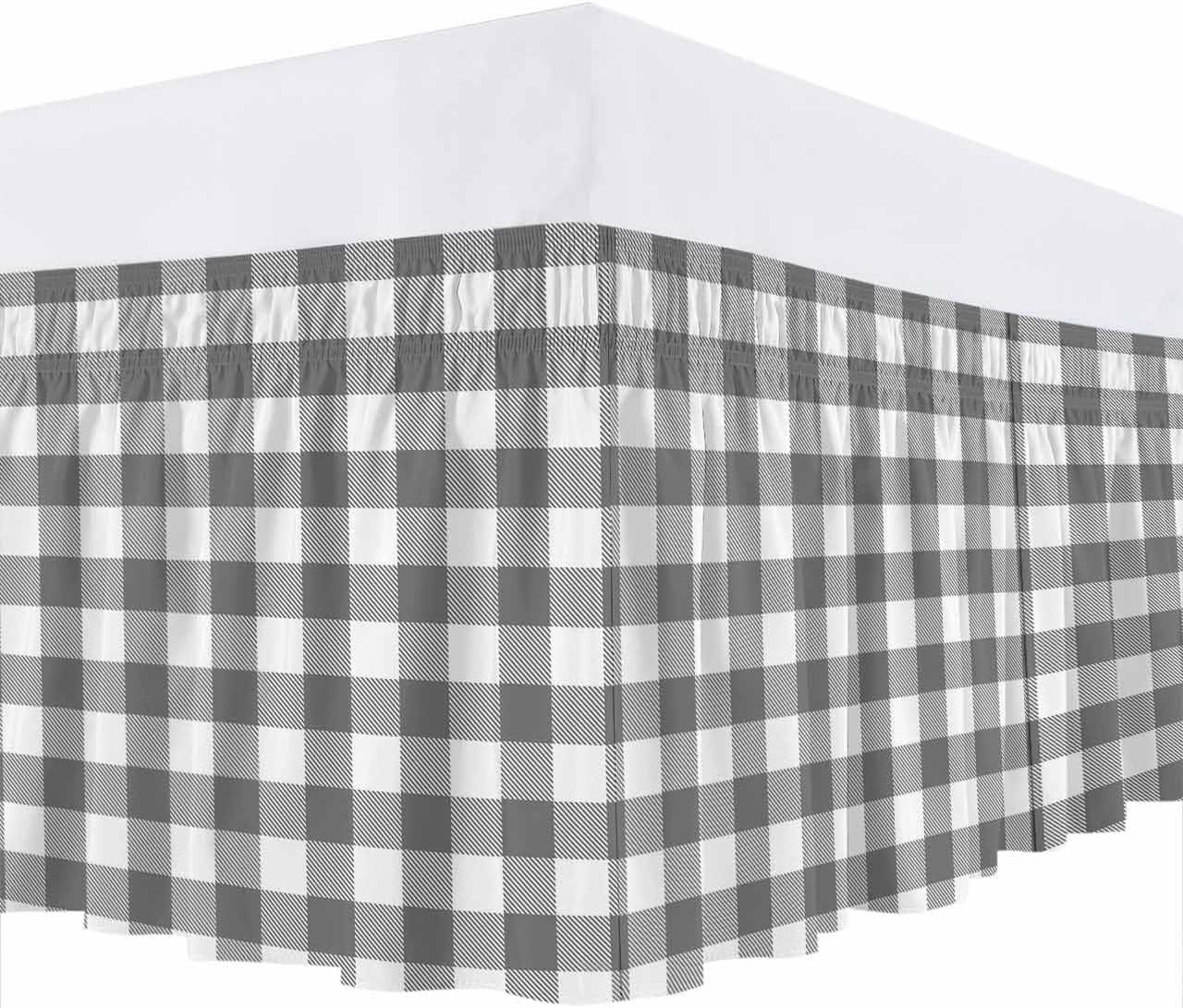 Wrap Around Bed Skirts for King Beds, Country Style Gray and White Gingham Buffalo Check Ruffle Bed Skirt with Adjustable Elastic Belts Easy Fit 16 Inch Drop