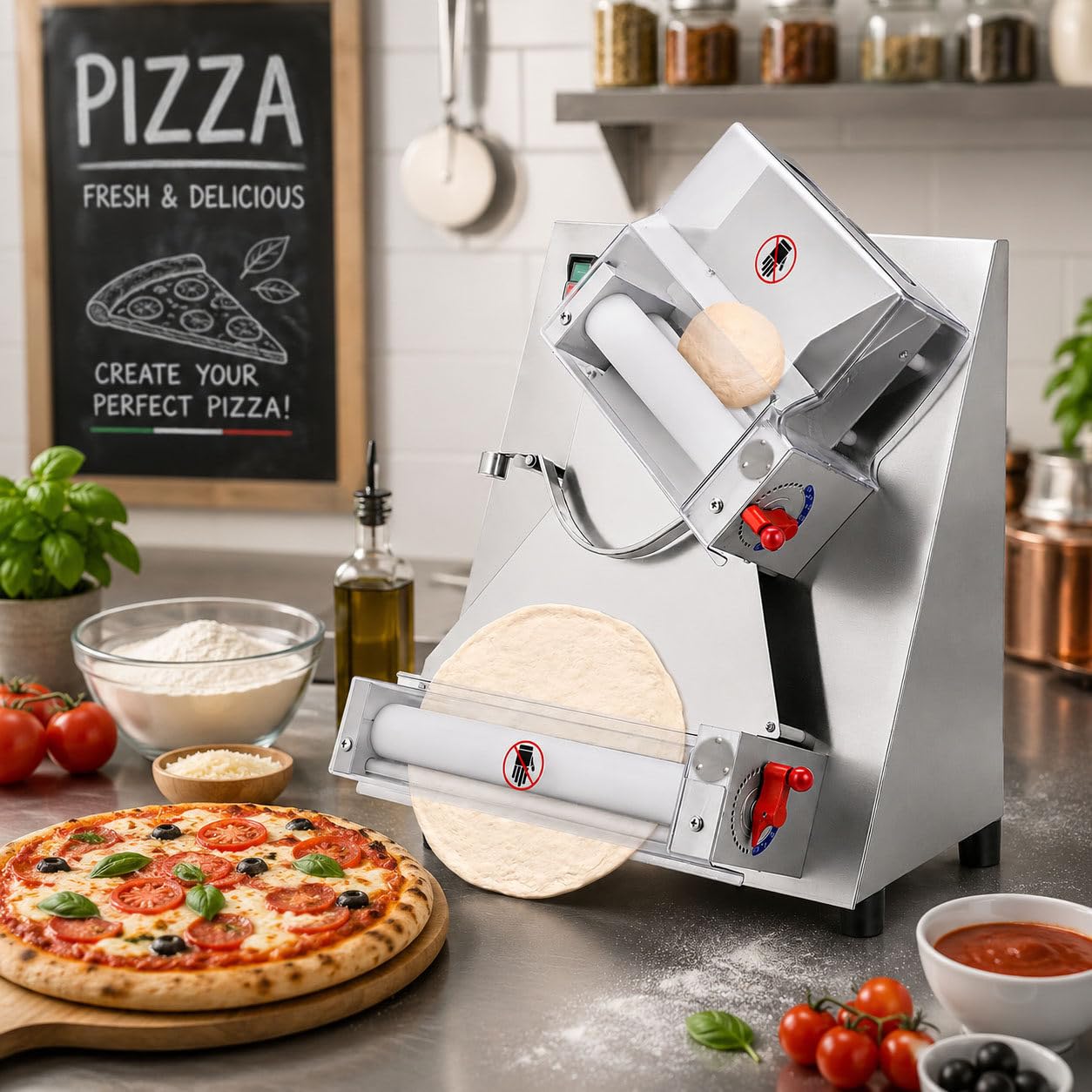 DIUNAOZI Commercial Pizza Dough Roller Sheeter, 3-12 Inch Automatic Pizza Dough Press Machine, 370W Electric Stainless Steel Dough Roller, Adjustable Thickness 1-7mm for Bakery Restaurant Home