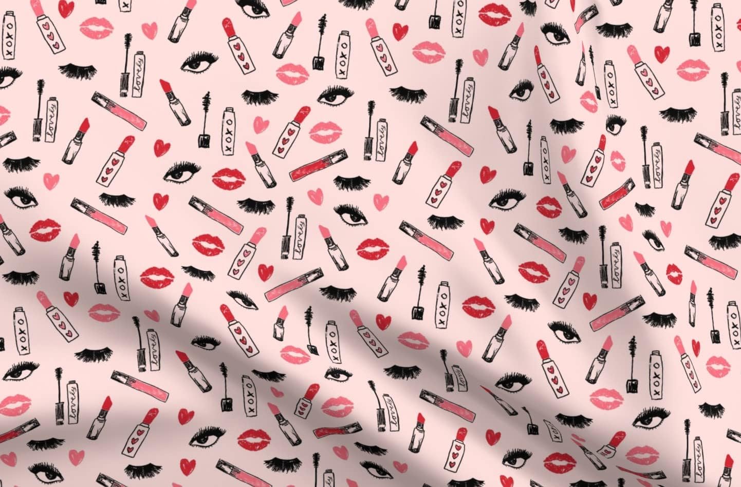 Spoonflower Fabric - Makeup Lipstick Eyelashes Beauty Valentines Day Pink Kiss Lips Eyes Printed on Organic Cotton Sateen Fabric by The Yard - Sewing Quilting Apparel Home Decor