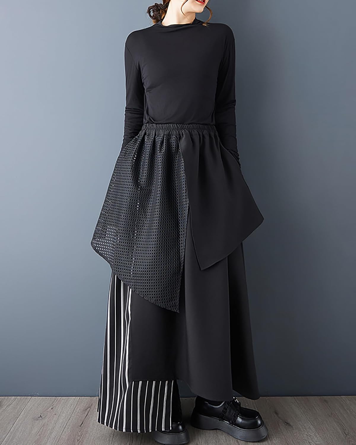 ellazhu Women's Skirt Loose Oversize Patchwork Maxi Hem High Elastic Waist Side Pockets GZ762 A