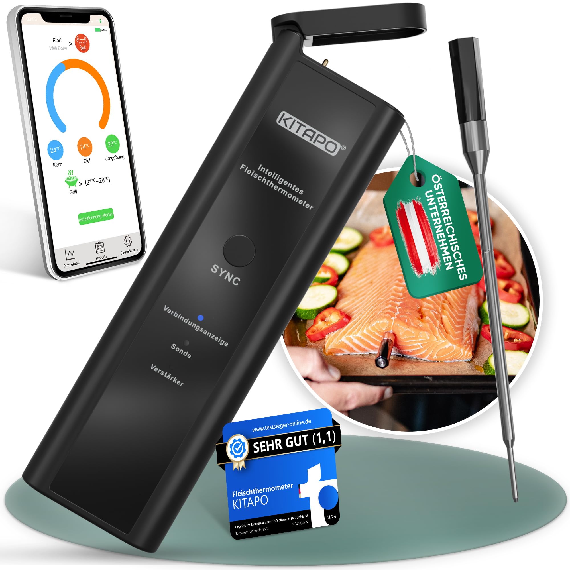 Fleischthermometer kabellos [inkl. App], Grillthermometer, intelligentes Bratenthermometer für Küche und Grill, hohe Reichweite, hitzebeständig bis 300°C, Thermometer Kochen, Küchenthermometer