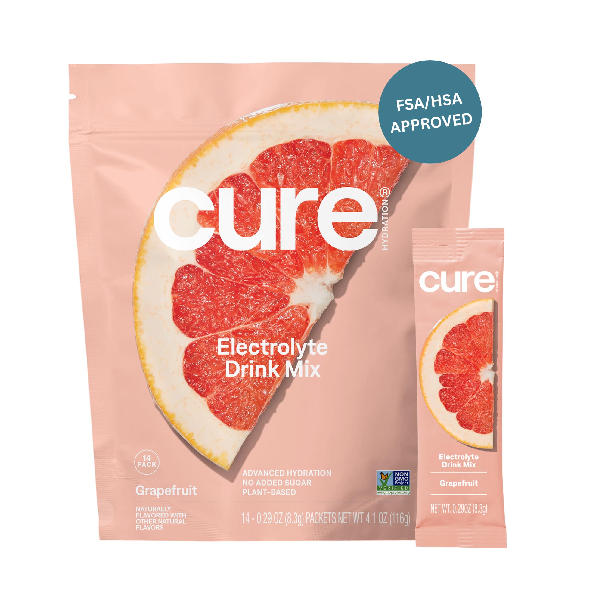 Cure Hydrating Plant Based Electrolyte Mix | Powder for Dehydration Relief | FSA & HSA Eligible | Made with Coconut Water | No Added Sugar | Vegan | Paleo Friendly | Pouch of 14 Packets - Grapefruit