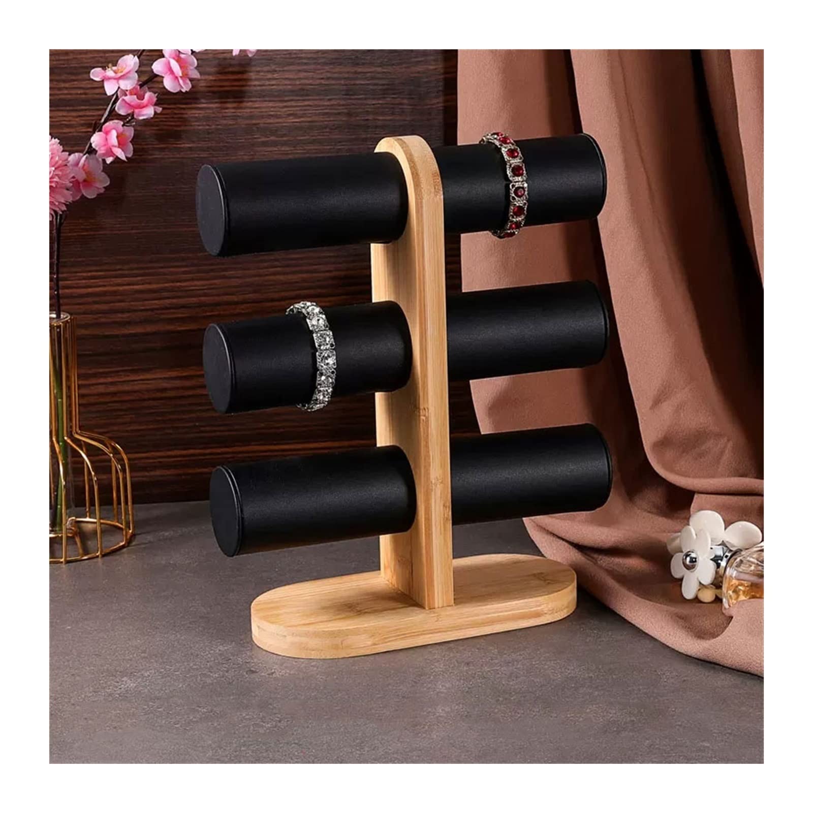 J9V4G6S3B5 Jewellery Storage 3 Tier Jewelry Bracelet Watch Display Tower, Bangle Scrunchie Necklace Holder Storage Stand, Detachable Leatherette Organizer(Black)