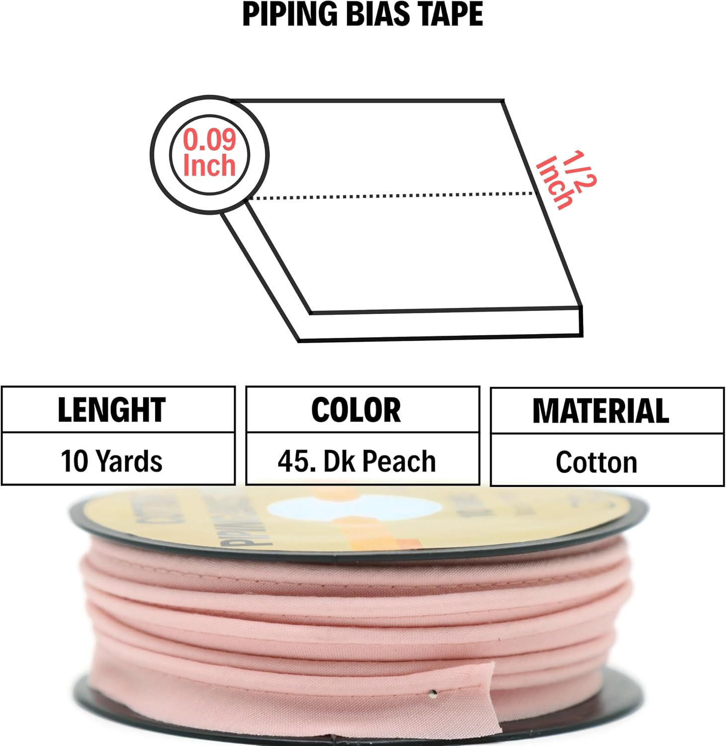 Piping Trim Bias Tape with Cord - 10 Yards - 65+ Colors - 1/2 Inch Decorative Sewing Trim for Upholstery Cushions Home Décor Crafting Clothing - Durable Cotton - Dk Peach ID45