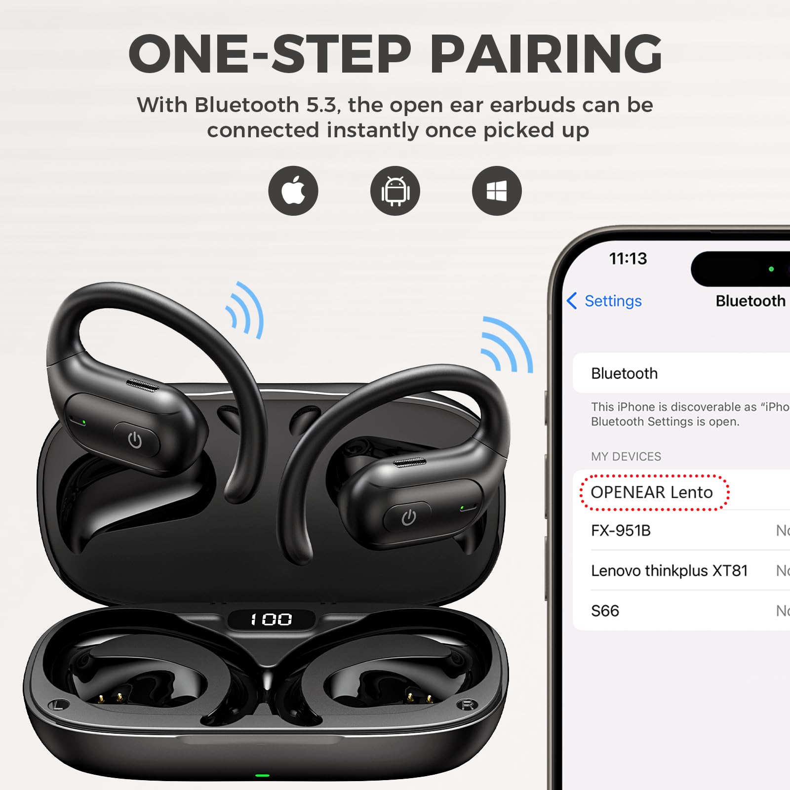 fojep Open Ear Bluetooth Headphones, Wireless Earbuds with Noise Canceling Mic, 52H Playtime Touch Control Open Ear Earbuds, Premium Sound, LED Display, IPX5 Sweatproof for Running, Cycling, Driving