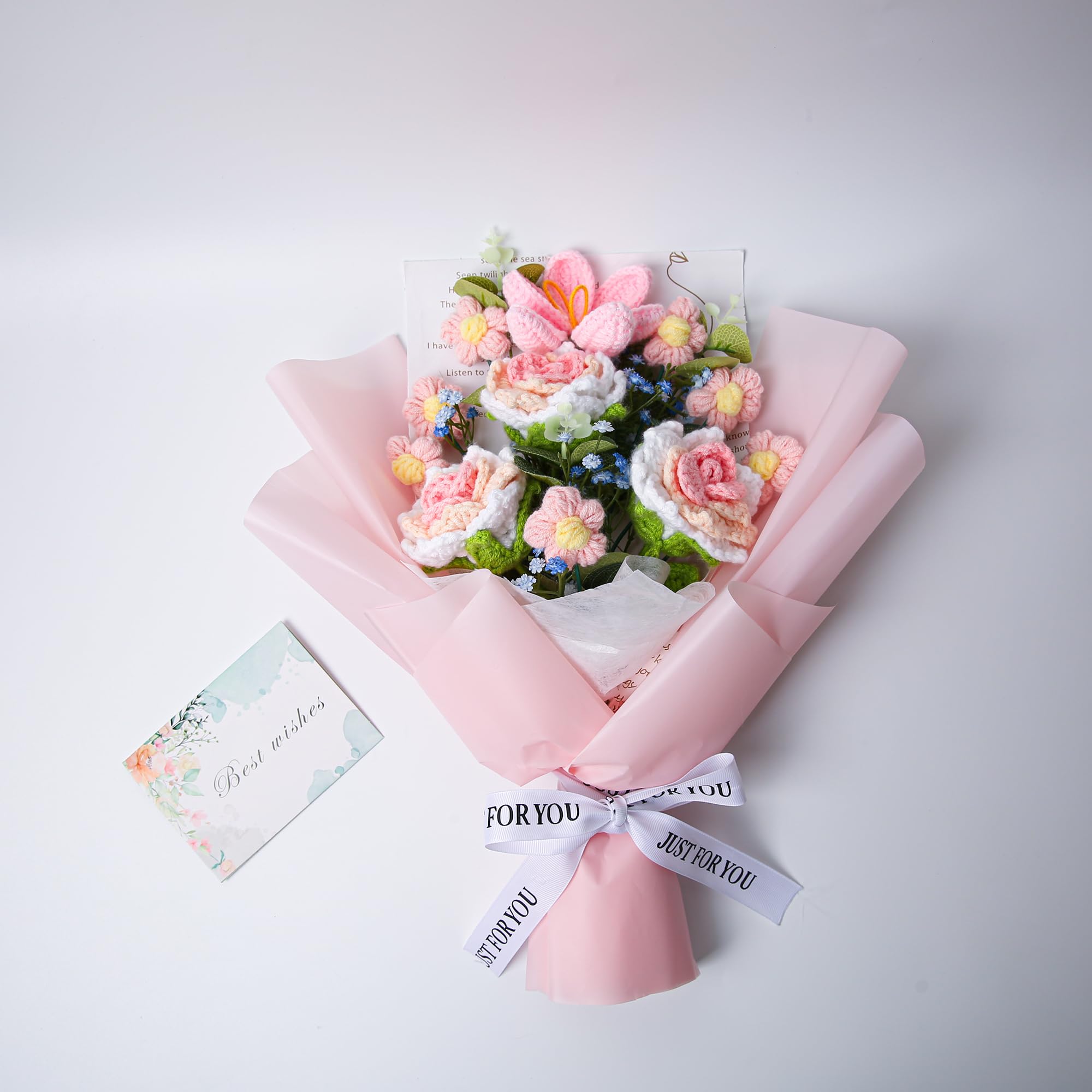 EZsenses Bouquet de fleurs au crochet – Roses tricotées à la main pour décoration d'intérieur, avec sac cadeau et carte de vœux