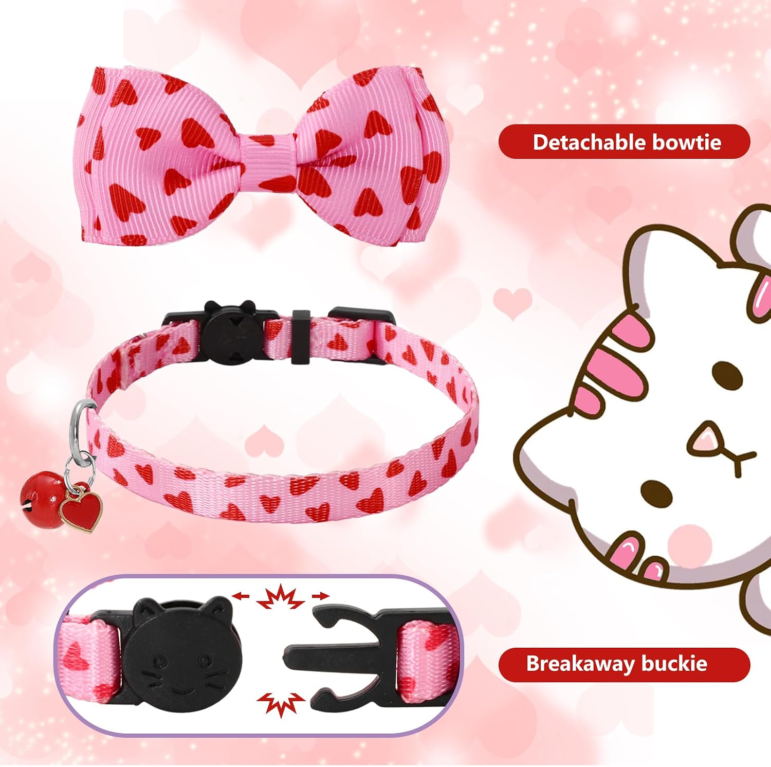 JarThenaAMCS 4 Pcs Valentine's Day Cat Collar with Breakaway Bell Bow Tie Pink Red Heart Adjustable Kitten Collars for Girl Boy Cats Small Pet Party image 3