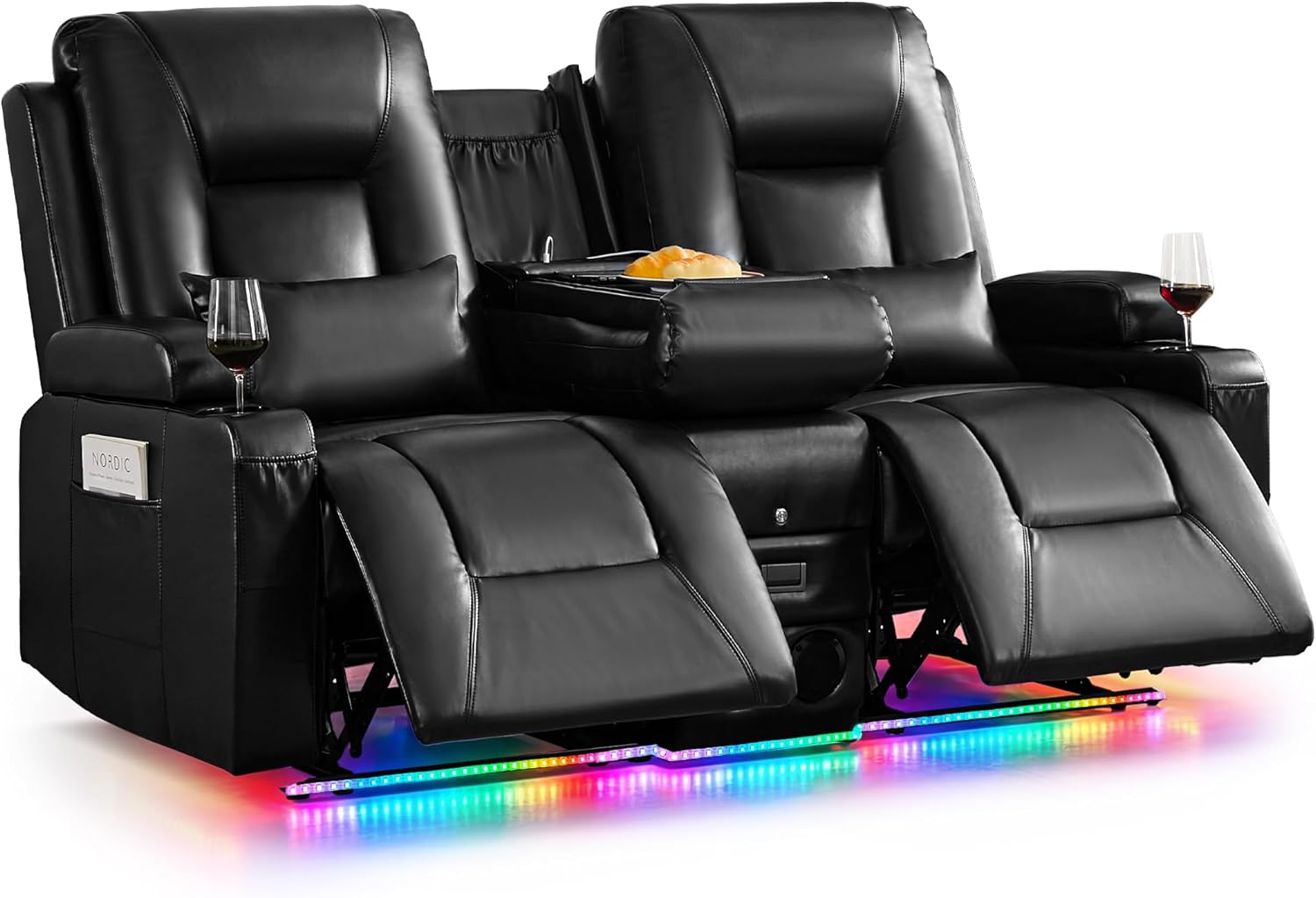 Loveseat Recliner RV Couch with Console, Dual Manual Reclining Loveseat with LED Light, USB & Type-C Ports, Bluetooth Speakers, RV Sofa for Camper, Travel Trailer, Faux Leather, Black
