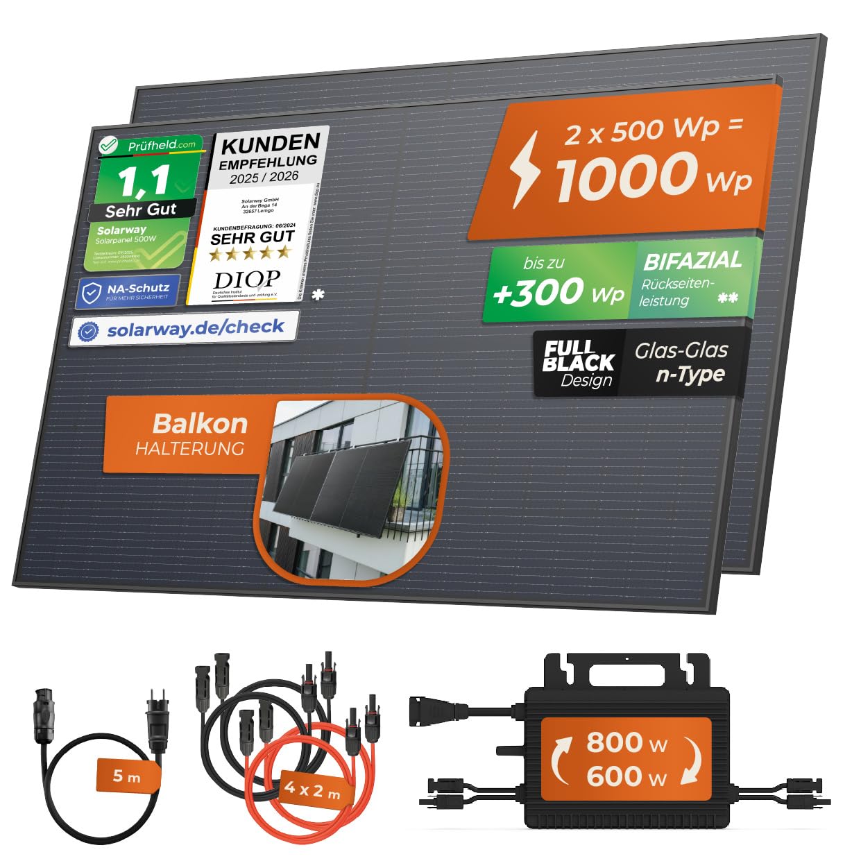 Ration1 Balkonkraftwerk 800W Komplettset Für Steckdose, 2x Trina Bifazial Black Frame Solarmodule 860wp 1x Growatt Wechselrichter Neo 800m X Plug Play Solaranlage Wlan 0 Mwst Genehmig Ration1 Balkonkraftwerk 800W Komplettset Für Steckdose, 2x Trina Bifazial Black Frame Solarmodule 860wp 1x Growatt Wechselrichter Neo 800m X Plug Play Solaranlage Wlan 0 Mwst Genehmig