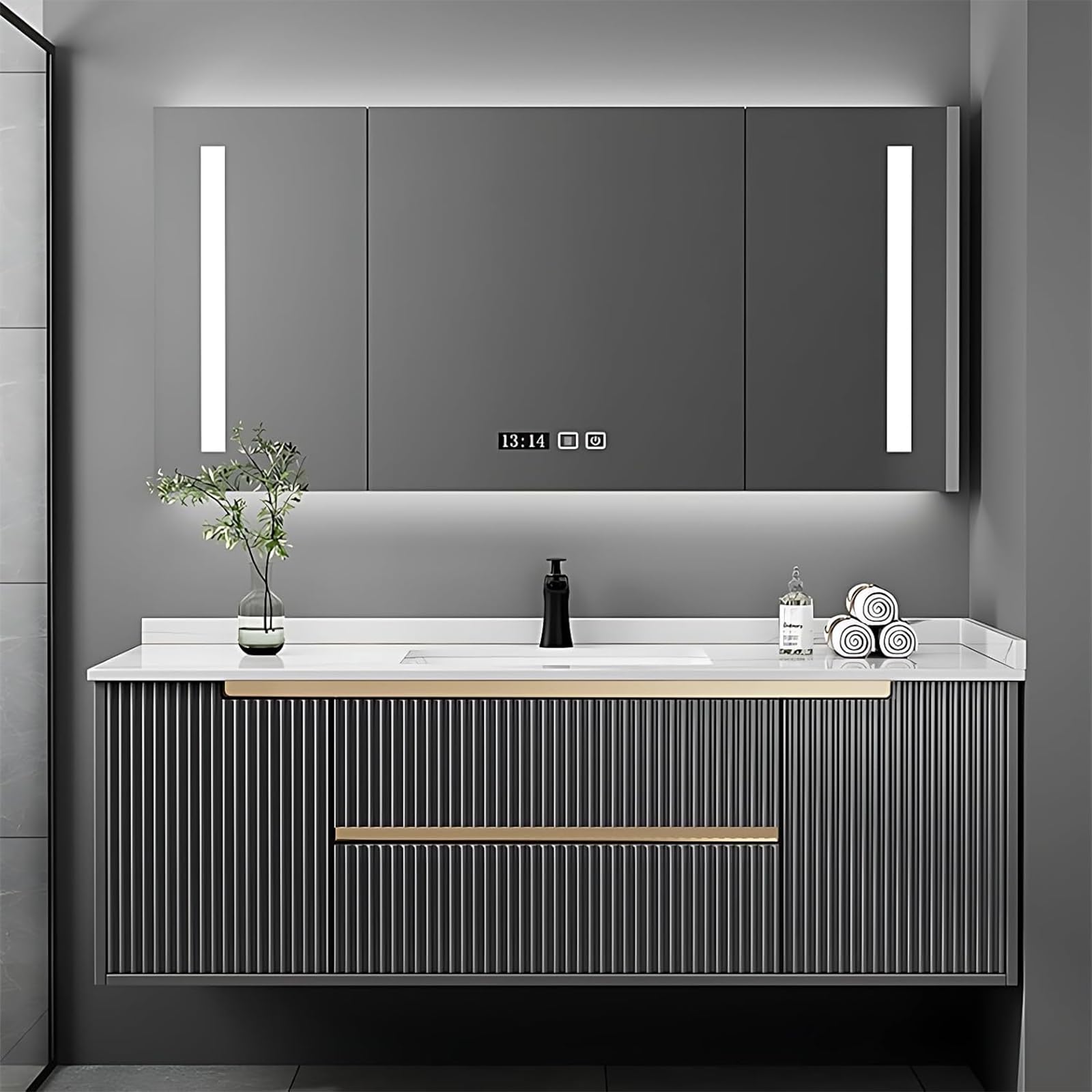 60" Bathroom Vanity, Luxury Bathroom Vanities, Floating Bath Sink Cabinet with Striped Drawers, Solid Wood Wall Bath Vanity Set with Integrated Sink