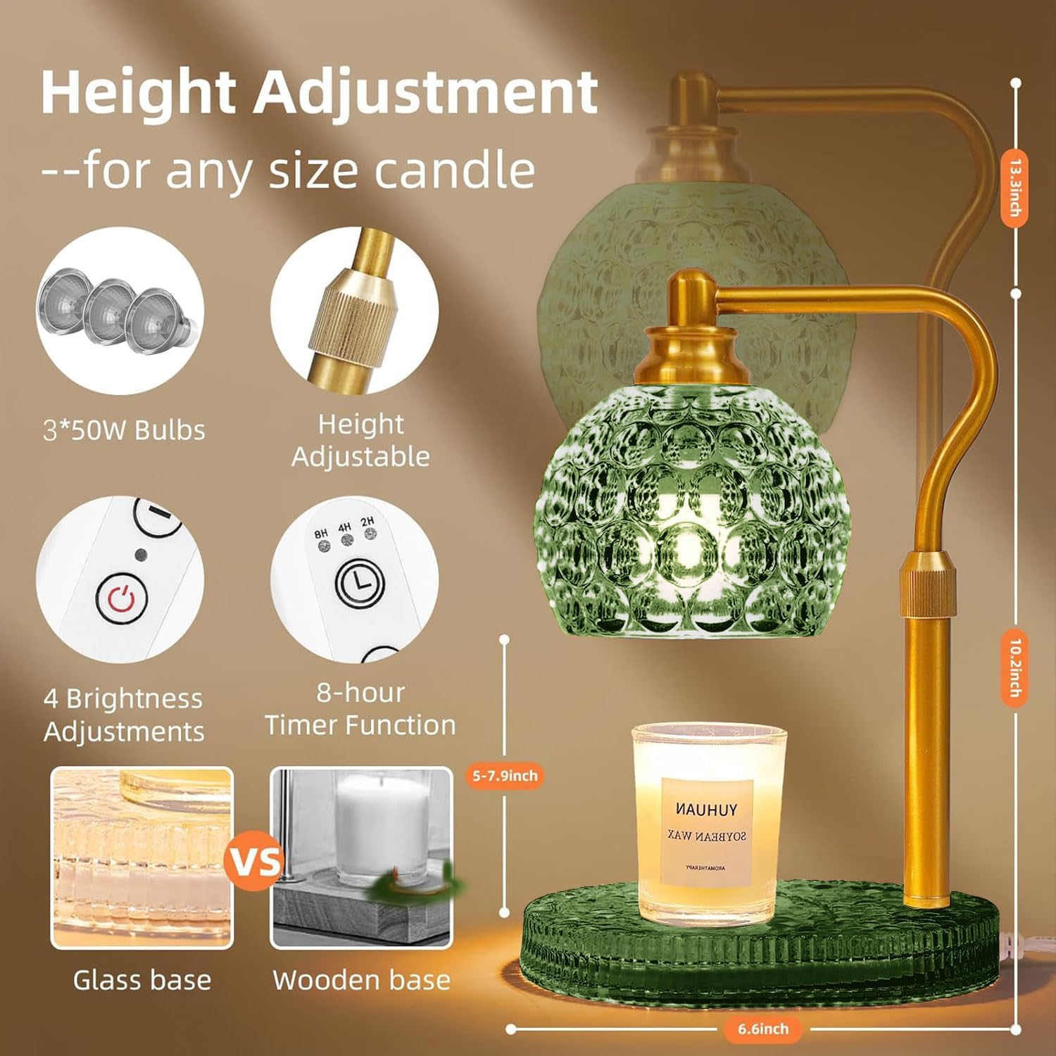 Candle Warmer Lamp with Timer & Dimmer, Glass Lamp Candle Warmer for Jar Candles, UPGRATED with 3 Bulbs, Height Adjustable Electric Wax Warmer for Elegant Home Decor (Sage)