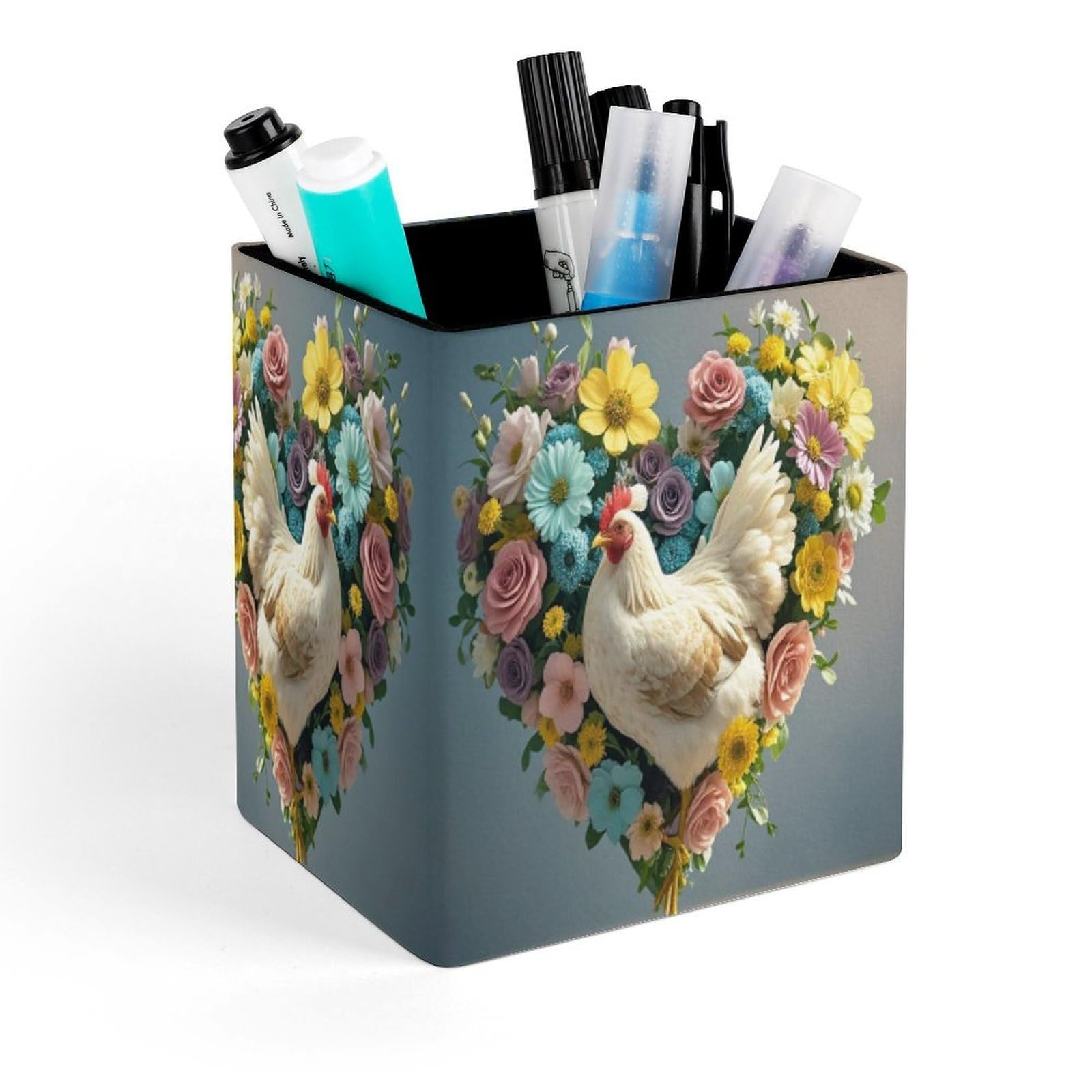 FekiLoot Flower Heart Chicken Pencil Holder for Desk Square Leather Pen Holder Cup Desktop Organizer Multi-Functional Pencil Cup Holders Modern Decorative Desk Organizer Caddy Makeup Brush Holders