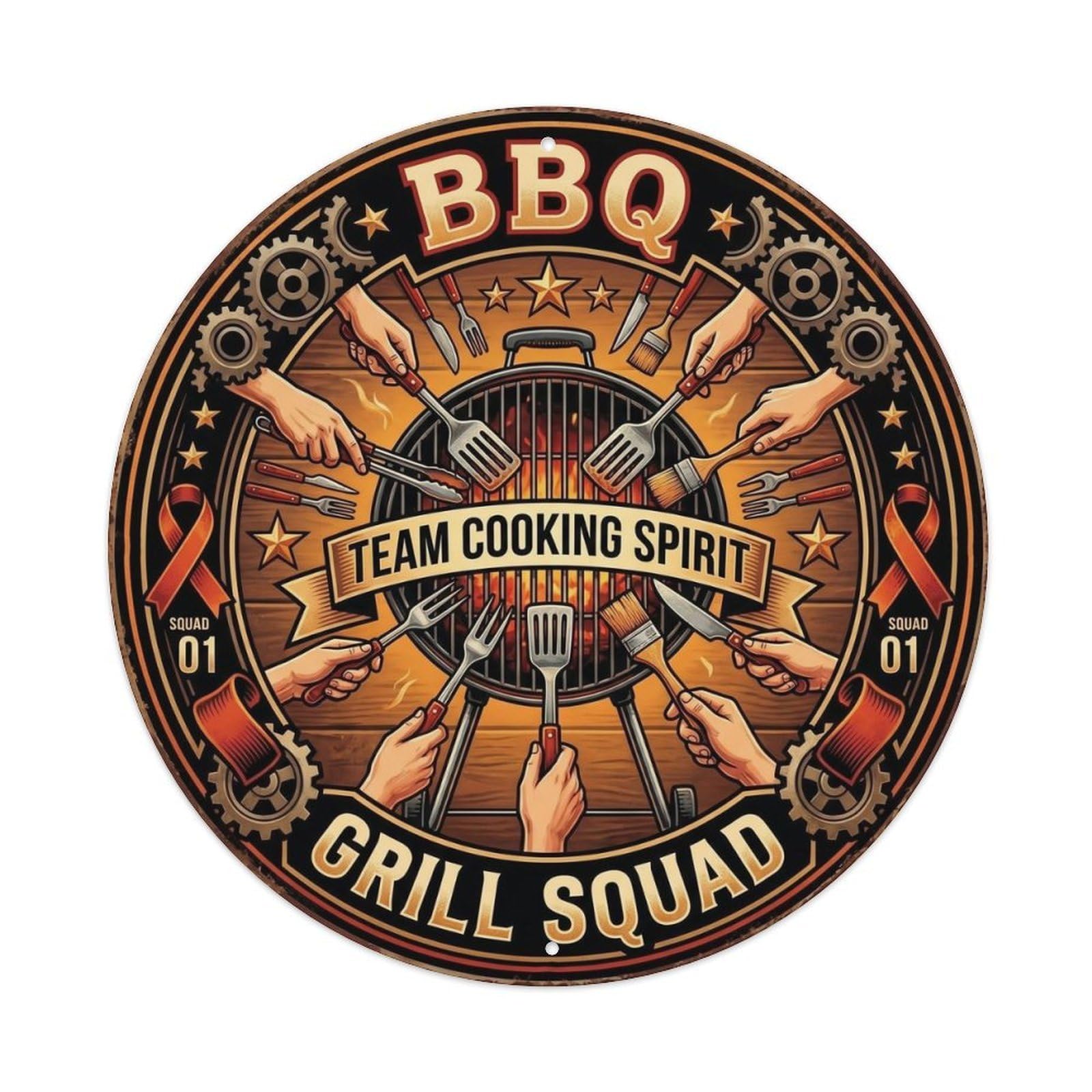 BBQ Barbecue Grill Squad Vintage Metal Tin Sign Plaque Wall Decor for Cafe, Club, Garden Round Metal Poster 8x8Inch