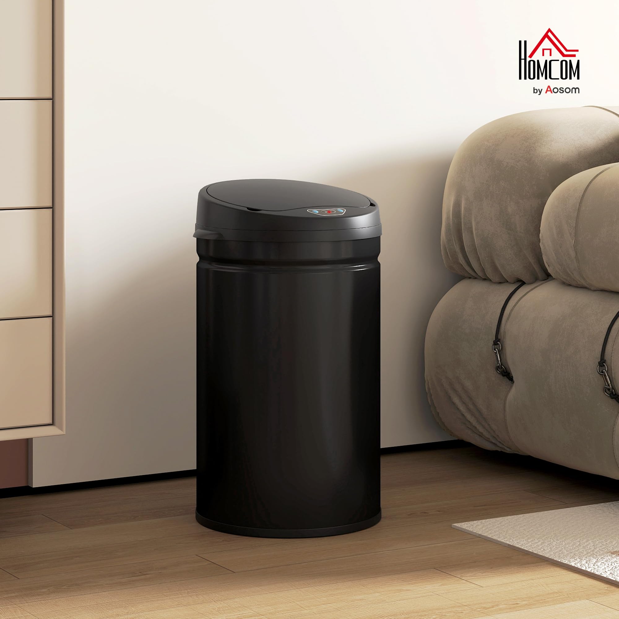 HOMCOM Cubo de Basura Cocina Automático 30 L, Sensor Infrarrojo, Negro | Papelera de Cocina de Acero Inoxidable, Cierre Automático, Antihuellas, para Dormitorio, Oficina