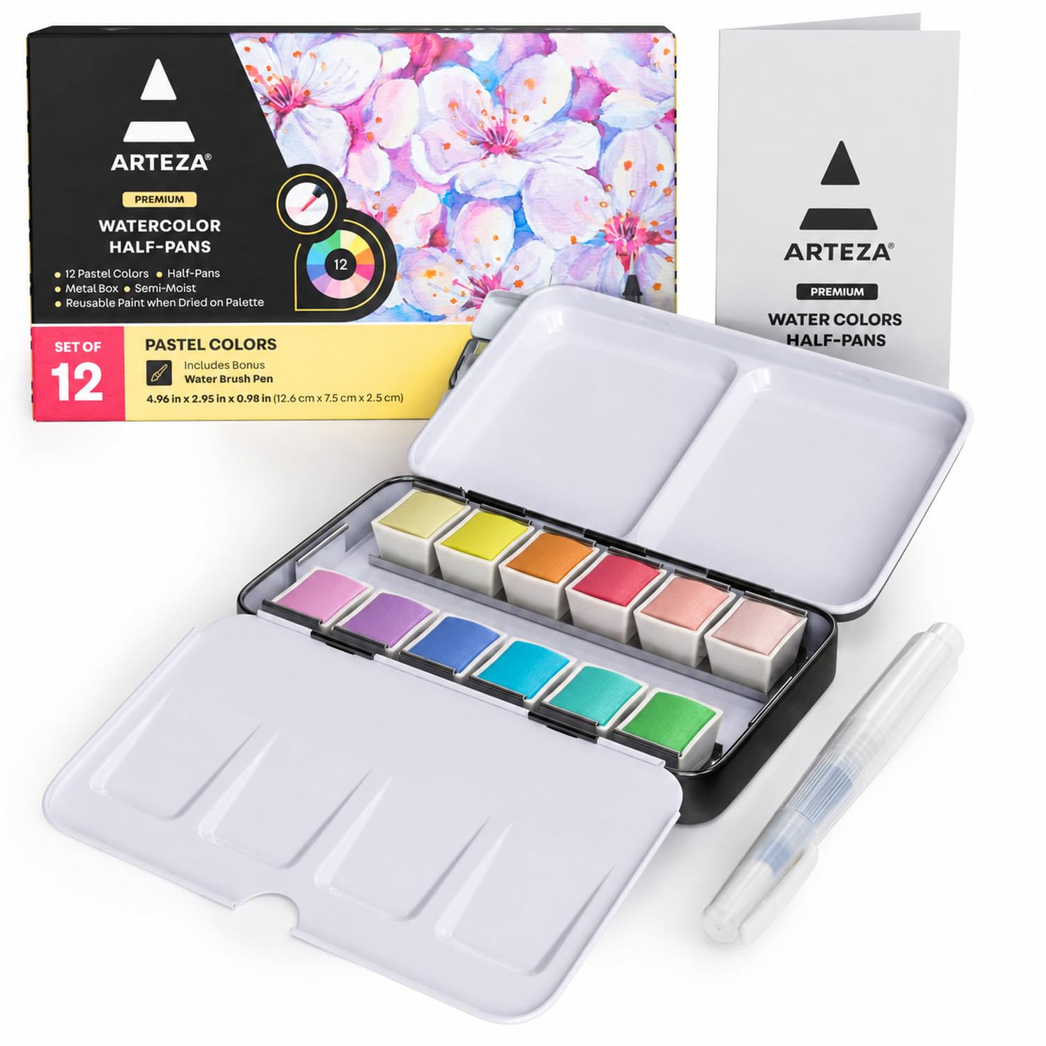 Watercolor Paint Set, 12 Pastel Colors, Half Pans in Travel Tin | Water Brush and Swatch Sheets Included, Rewettable Paint, For Outdoor Sketching, Washes, Blending, Gradients and Dry Brush
