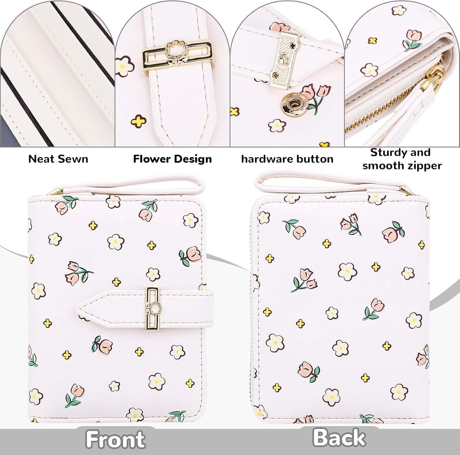 Women's Wallet Small Wallets for Women Cute Ladies Wallets White Bifold Flower Wallet Womens With Zipper Women's Coin Pocket Purses with Card Holder for Women - Image 2