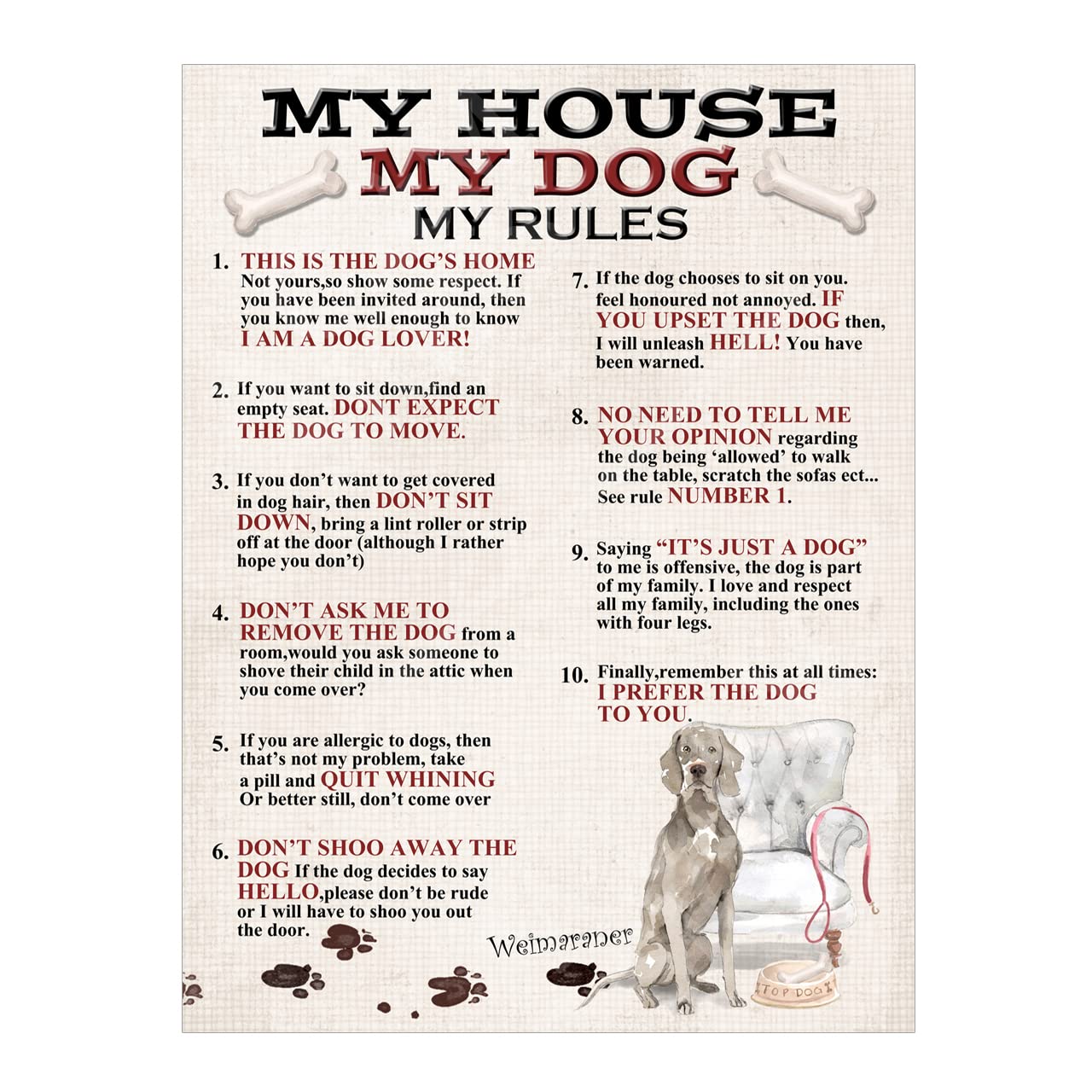 Weimaraner Dog Metal Sign Plaque My House Rules For Garden Man Cave Home Bar Home Decor Shed Garage Poster Gift size 10x8in ref7946