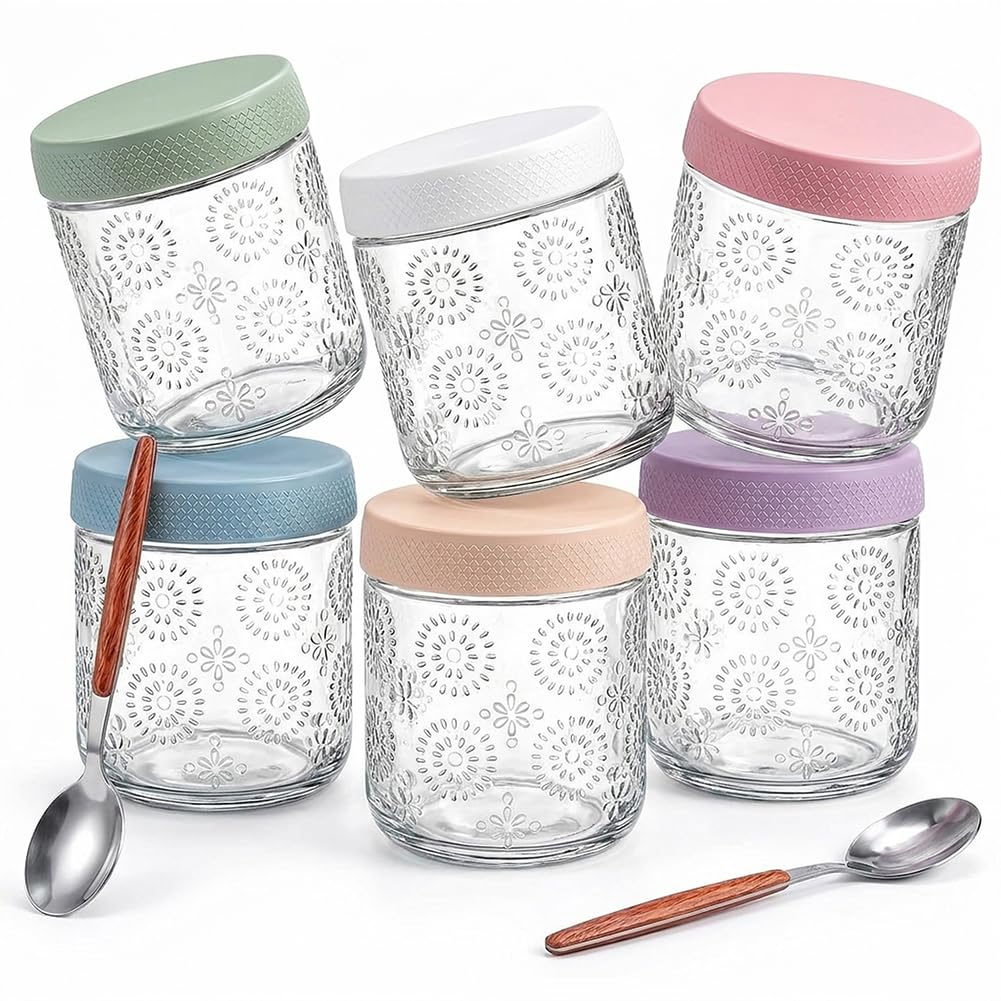 Overnight Oats - Juego de 6 tarros de cristal con tapa y cuchara (475 ml)