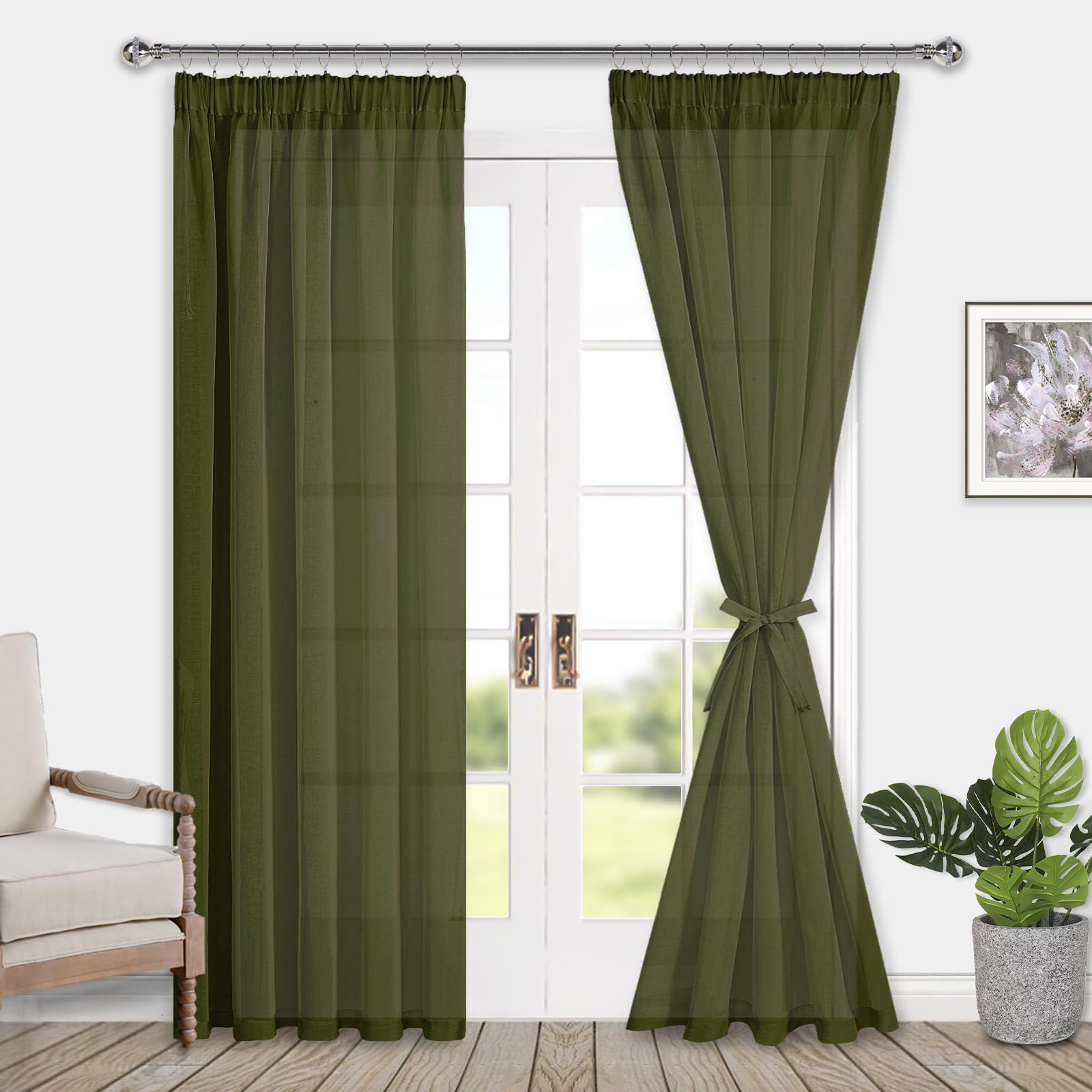 DWCN Green Sheer Curtains with Tiebacks Semi Transparent Voile Pencil Pleat Curtains for Bedroom and Living Room 2 Panels