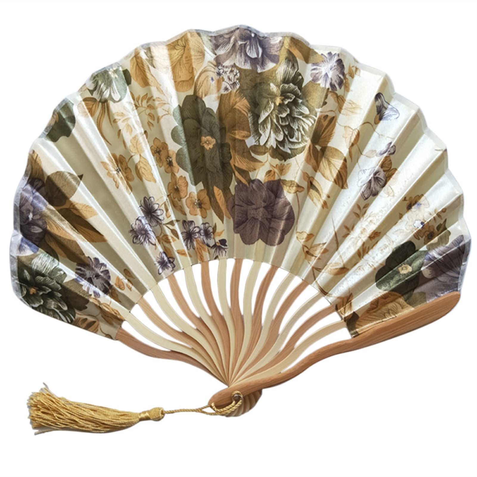 LKLNKVL folding fan, Folding Hand Fan - Classic Style Flower Fabric Dance Beige Summer Vintage Held Chinese New Decorative(J)