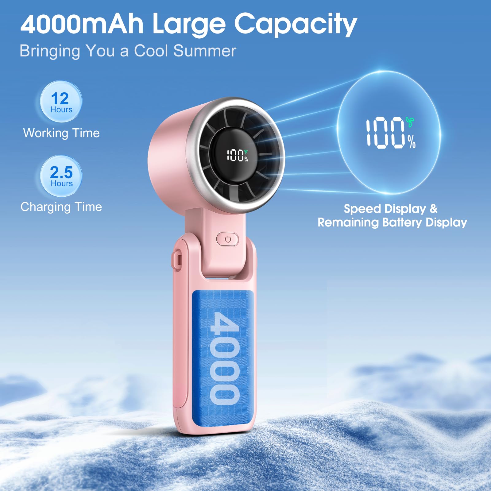 WHATOOK Wentylator ręczny, przenośny mini wentylator, 5 stopni prędkości, mały wentylator kieszonkowy z wyświetlaczem LED, 5000 mAh, składany wentylator USB do biura, na zewnątrz, w podróży, różowy
