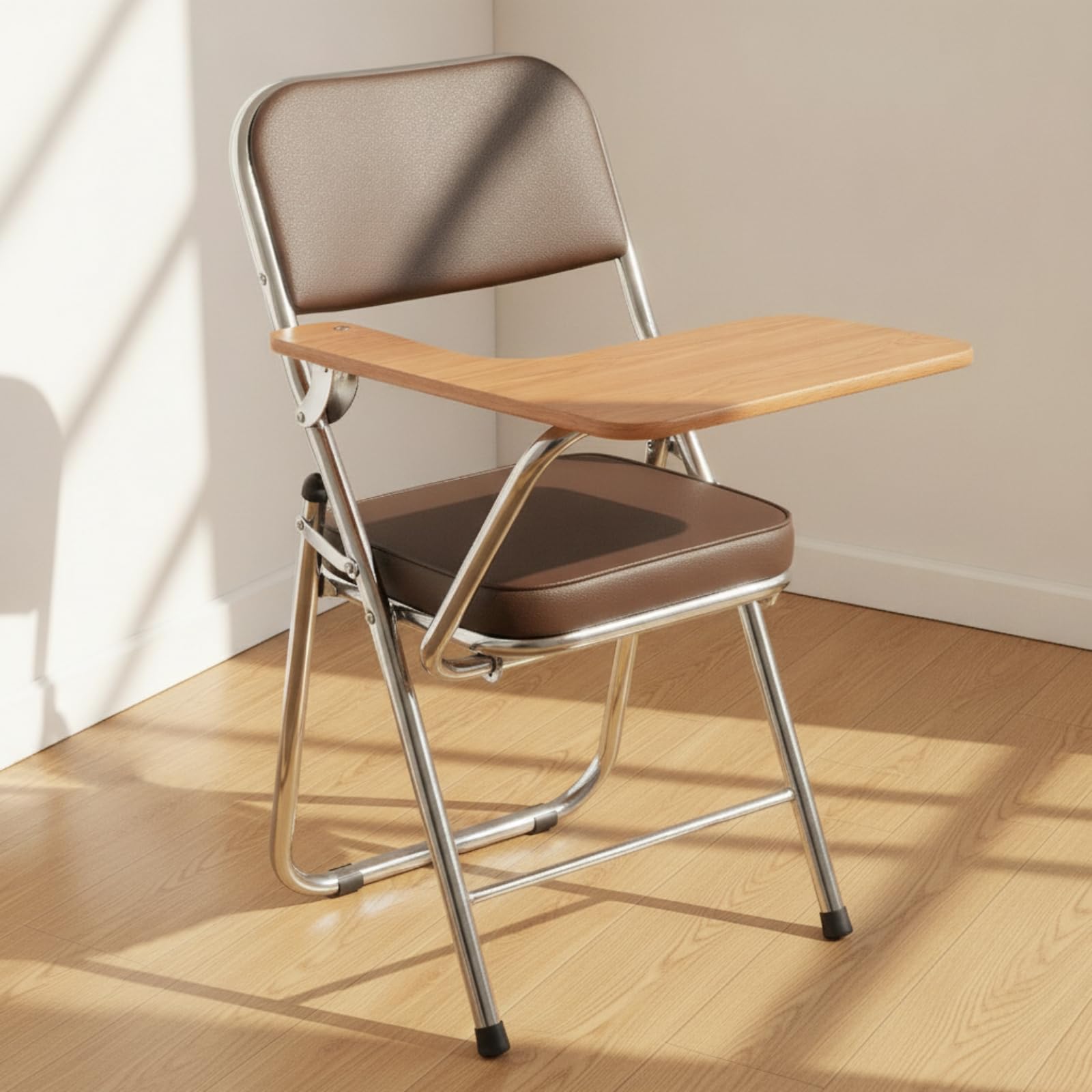 Plegable Estudio con Banja Abatible para, Plegable, con Tablero De Escritura, Asiento Y Respaldo Marrones, Estructura Cromada, Diseño Cómodo
