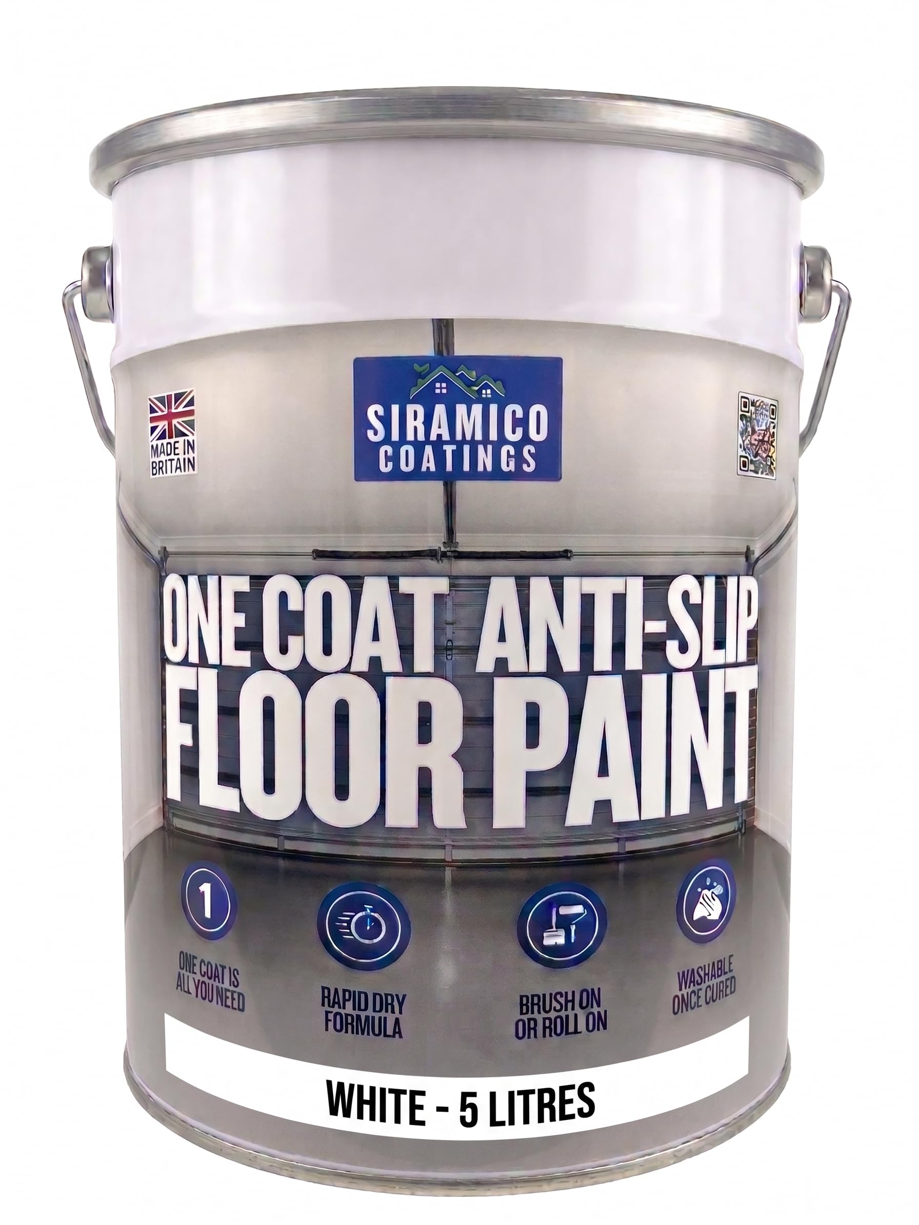 SIRAMICO COATINGS One Coat Anti-Slip Floor Paint | 5 Litres | 5 Modern Colours I Waterbased, Quick Drying Formula | White, Black, Greys (White, 5 Liters)