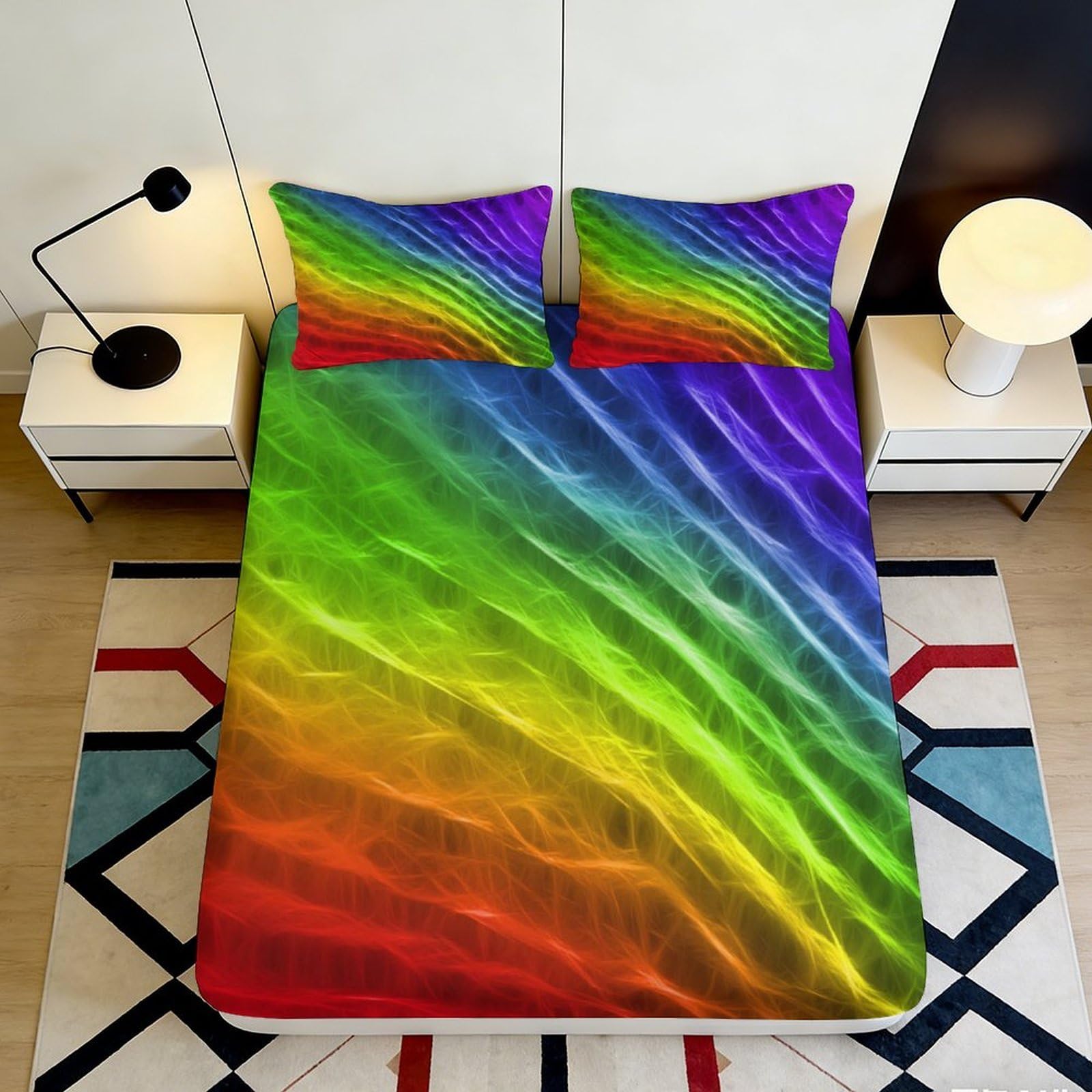 3D Printed Rainbow Gradient Fitted Sheet Microfiber Soft Breathable Abstract Wave Mattress Cover for Bedroom Dormitory Guest Room Protection Decor 200x200x25cm