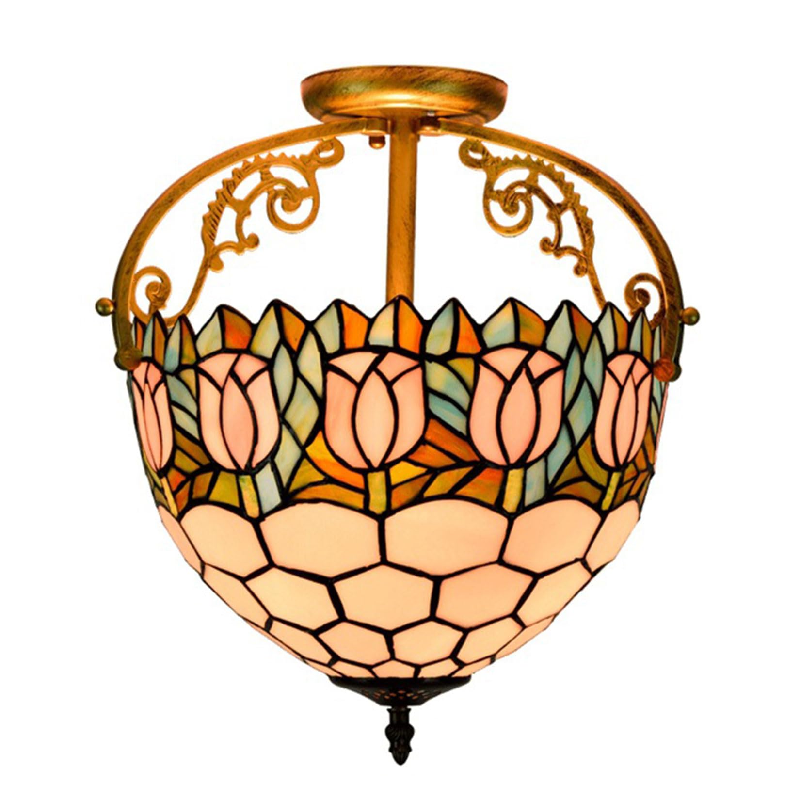 NHPJFDC 12" Tiffany Style Ceiling Light, Stained Glass Ceiling Lamp 2Lights, Vintage Semi Ceiling Lighting Fixtures for Bedroom Dining Room Kitchen Entrance Balcony,Pink Tulip