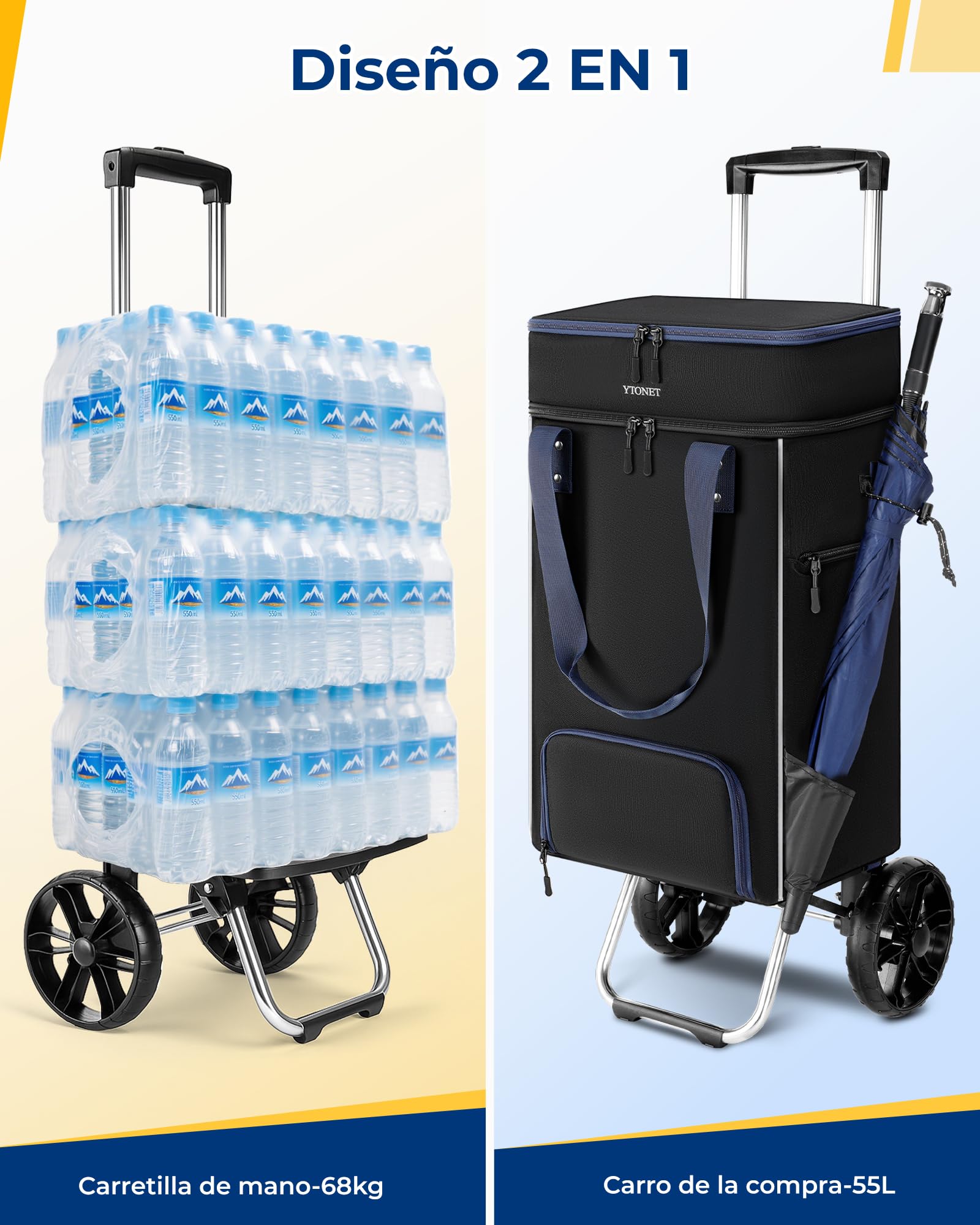 Ytonet Carro de la Compra Plegable Grande 55l, Carrito de la Compra Plegable 2 Ruedas con Bolsa de Compras Desmontable Compartimento Aislante y Forro Impermeable Shopping Trolley para Camping, Negro