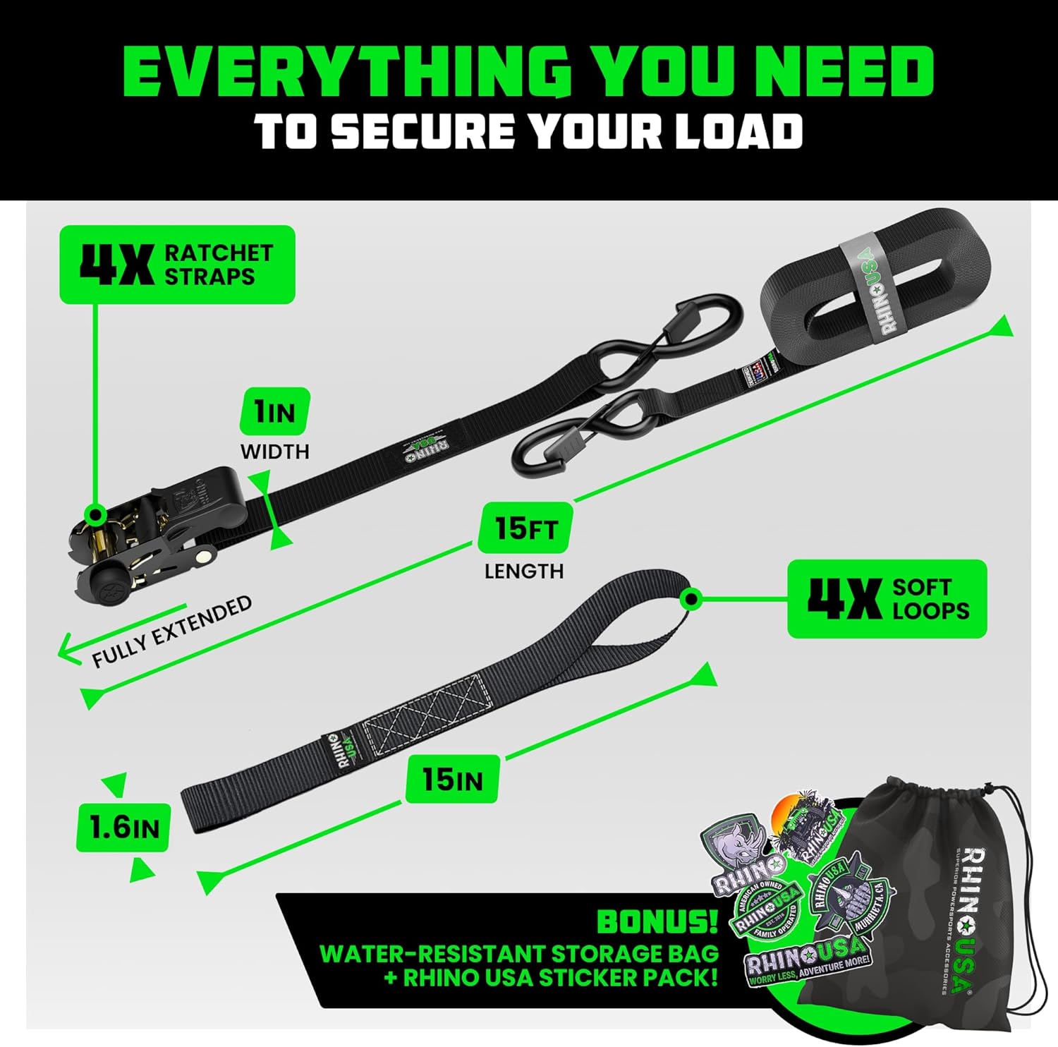Rhino USA Ratchet Straps Tie Downs (4-Pack) - 1 Inch x 15 Feet (1,823lb Break Strength) - Ultimate Tie Down Straps with Safety S Hooks - for Trucks, Cargo, Moving, Appliances - Black