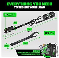 Vista 5 de Rhino USA - Correas de trinquete de amarre (4), 1 pulgada x 15 pies (resistencia 1823 libras), con ganchos en S de seguridad, alta calidad para Negro