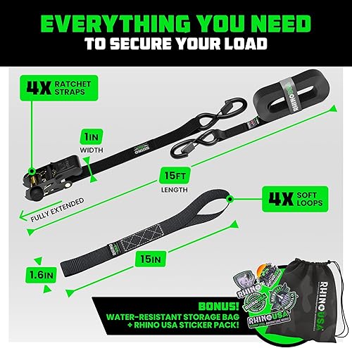 Miniatura 5 de Rhino USA - Correas de trinquete de amarre (4), 1 pulgada x 15 pies (resistencia 1823 libras), con ganchos en S de seguridad, alta calidad para Negro