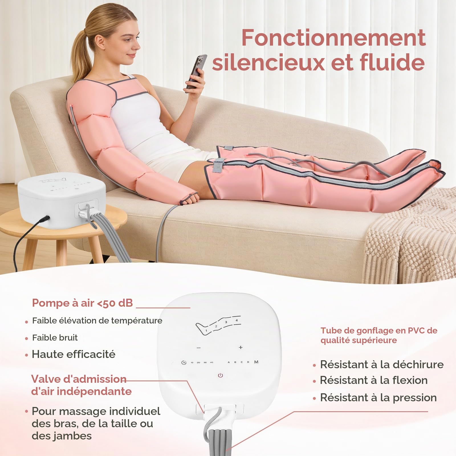 Appareil De Massage 3-En-1 à Compression D‘Air Pour Mains, Jambes Et Bas Du Dos - Pompe Ultra-Silencieuse, 4 Cellules IndéPendantes, 10 Niveaux De Pression, Minuterie, 4 Programmes Automatiques