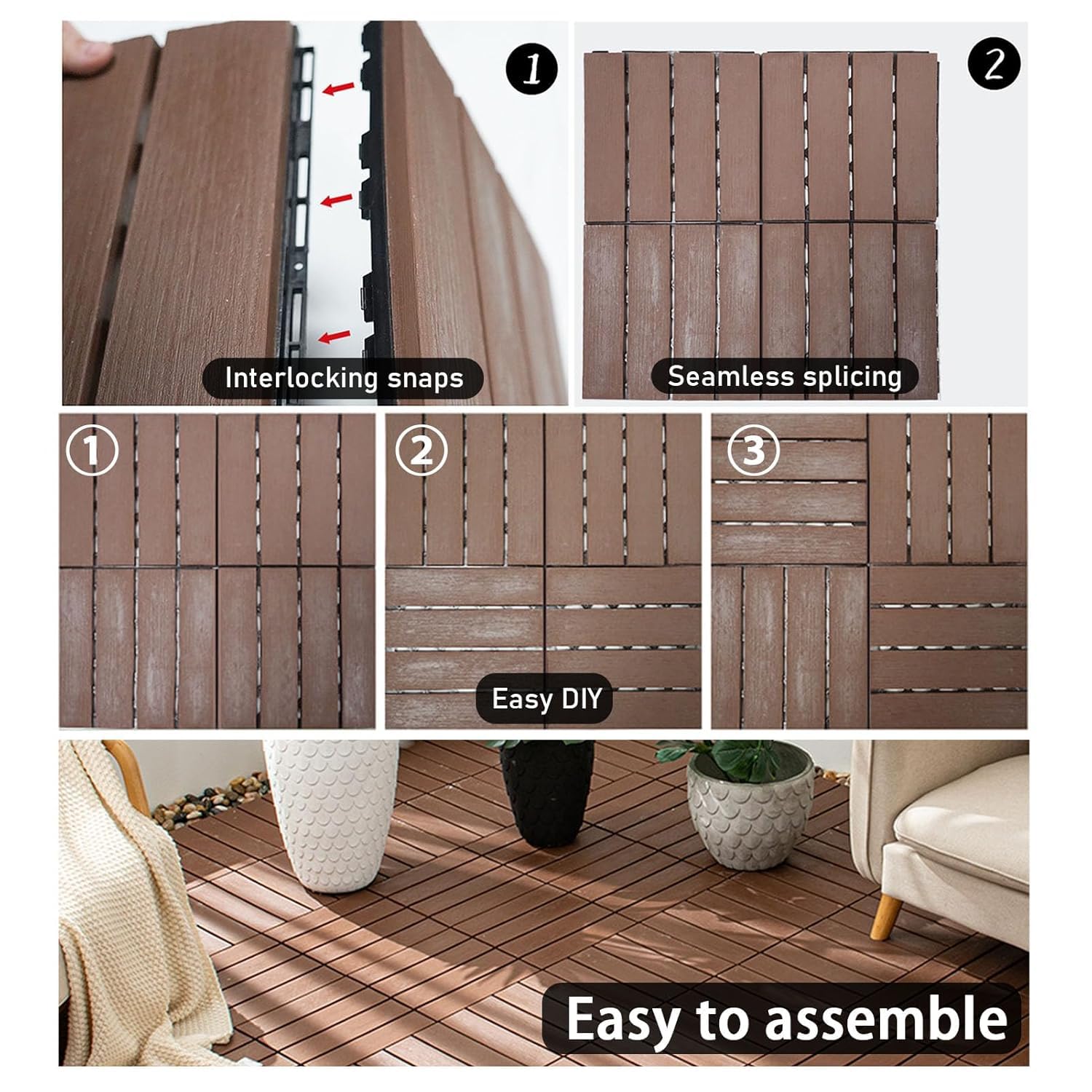 Dalles et lames de terrasse en composite, Tuiles de terrasse emboîtables en bois Bois de café 9/18 pcs(Wood,18 Pcs)