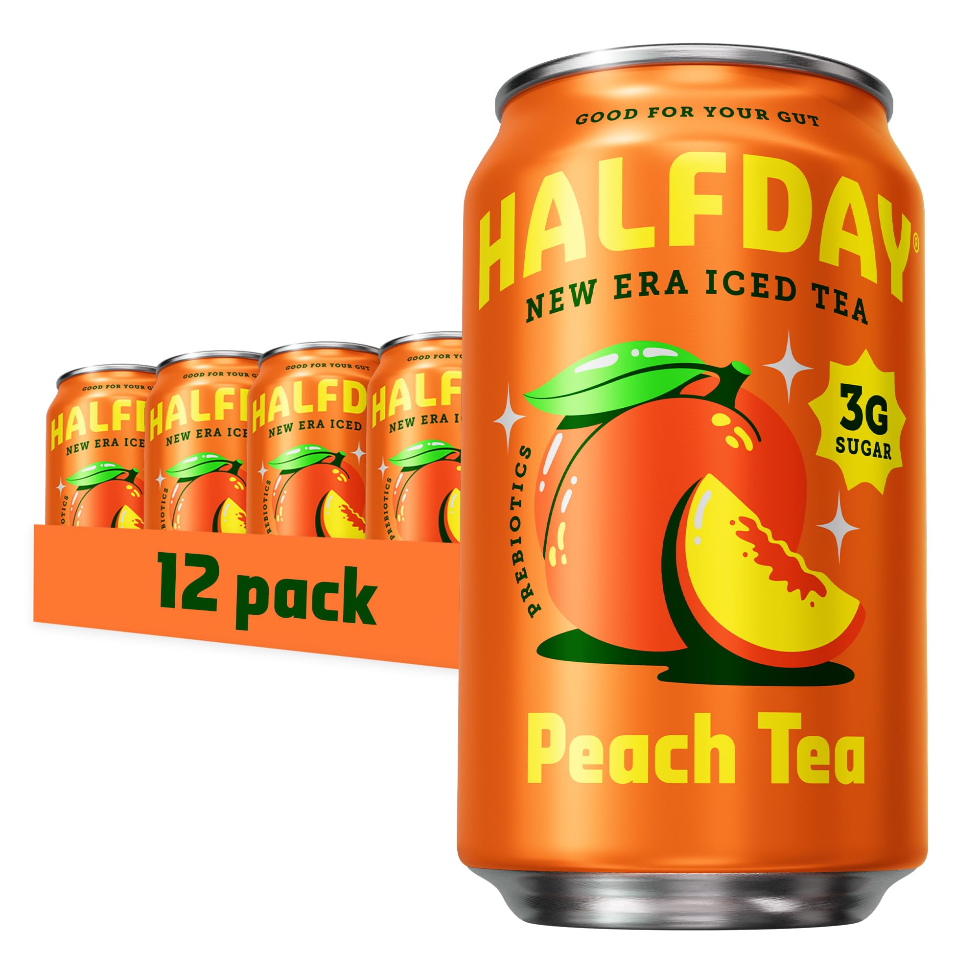 HALFDAY Prebiotic Peach Iced Tea Cans, Supports Digestive & Gut Health, 6g Plant Fiber & Prebiotics, 3g of Sugar, 35 Calories, Real Brewed Tea, Natural Caffeine, Gluten Free, Keto, 12 fl oz (12 pack)