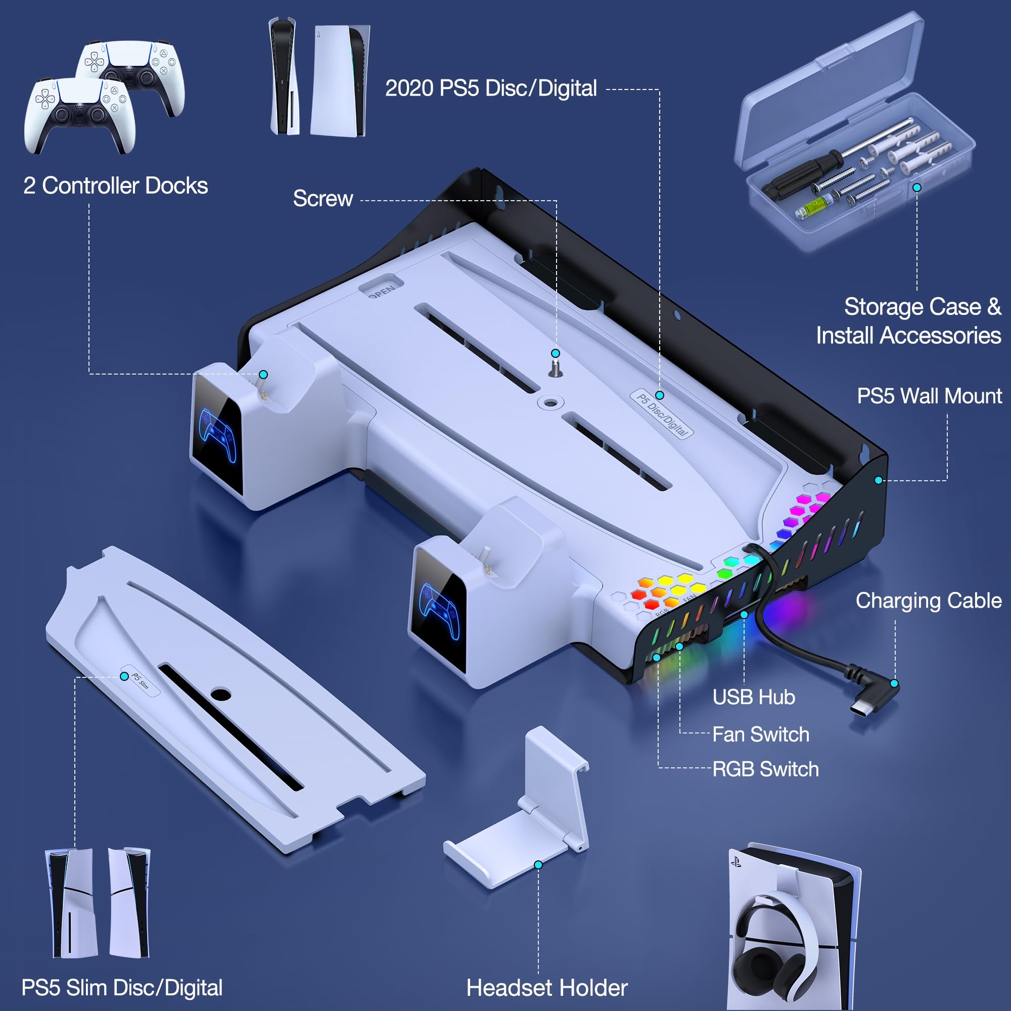 HELLCOOL Supporto PS5 con Ventola di Raffreddamento, Base Verticale per PS5, Stand con Doppio Ricarica Controller, 14 Slot di Gioco, Staffa in Metallo, Luci RGB