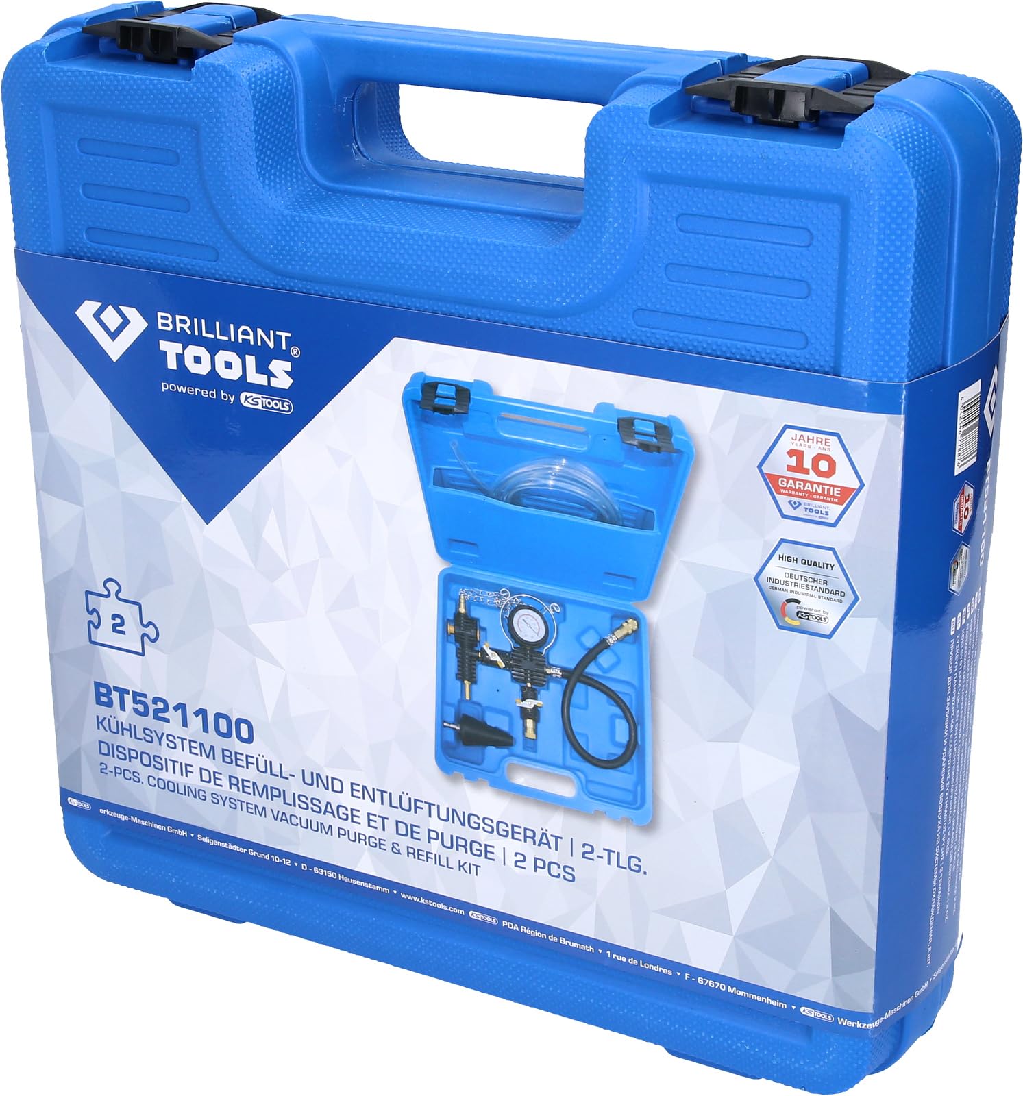 Kit de Remplissage et de Purge Universel BT521100-4 Pièces pour Système de Refroidissement et de Ventilation Voiture - Sans Bulles d’Air - Adaptateur et Boîte de Rangement - BRILLIANT TOOLS