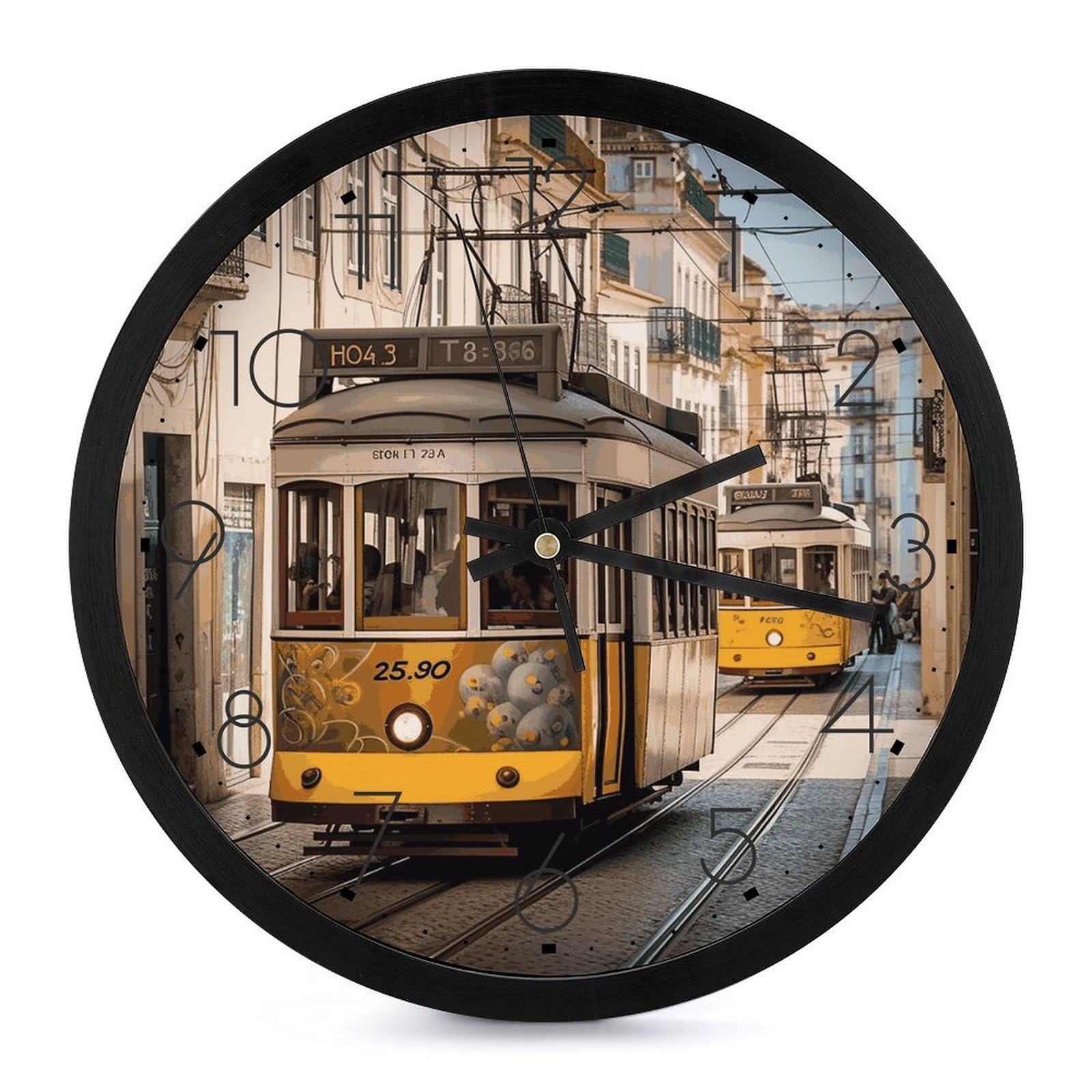 Horloge murale ronde 25 cm tramway de Lisbonne silencieuse à piles pour salon et bureau