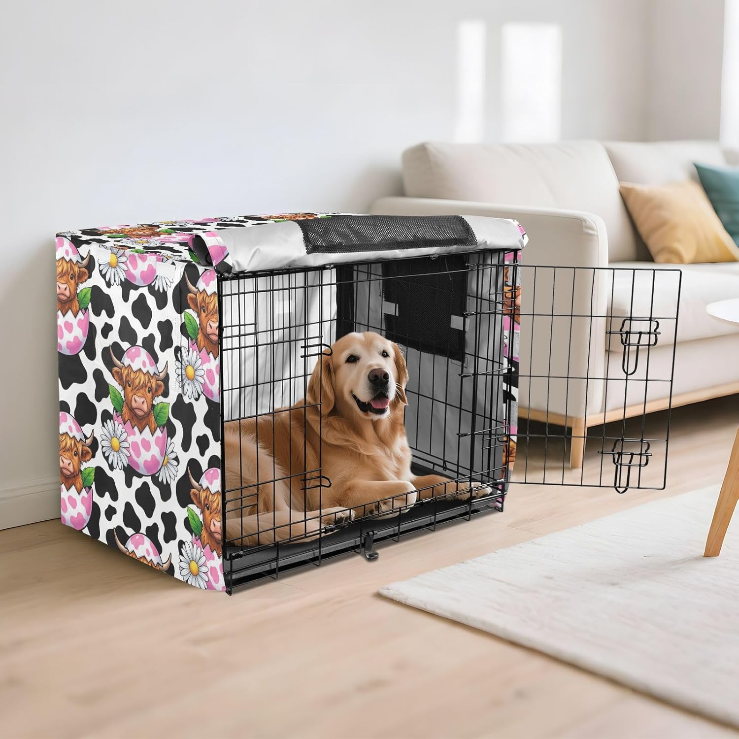 Duty 600D Silver Coated Dog Crate Cover, Water-Resistant Highland Cow Pet Kennel Canopy with Mesh Windows for Optimal Ventilation, Universal Fit for Standard Wire Cage, Indoor & Travel