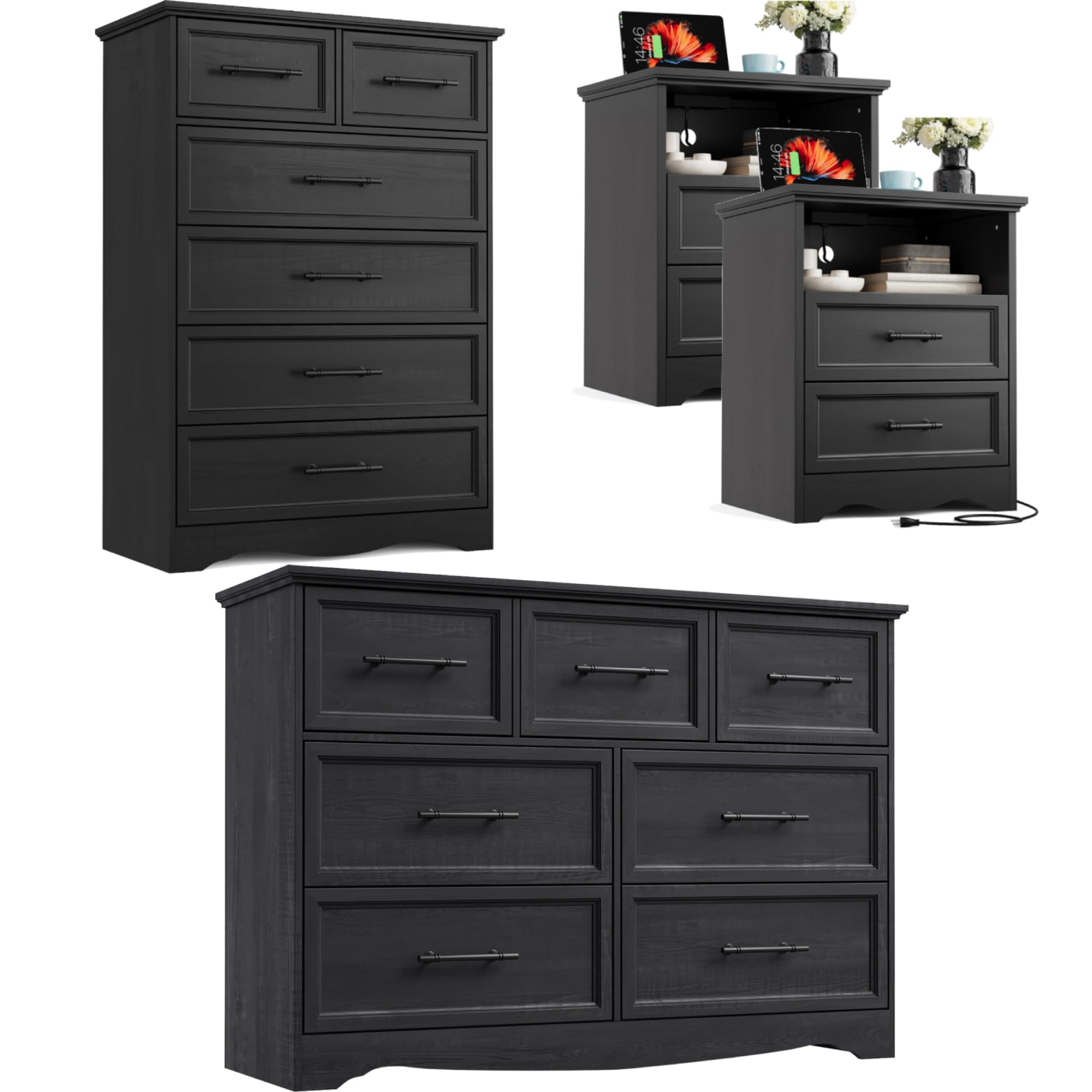 Bedroom Set, 4 Pieces Bedroom Furniture Set, 47 W 7 Drawer Dresser, 44 H 6 Drawer Dresser and Nightstands with Charging Station