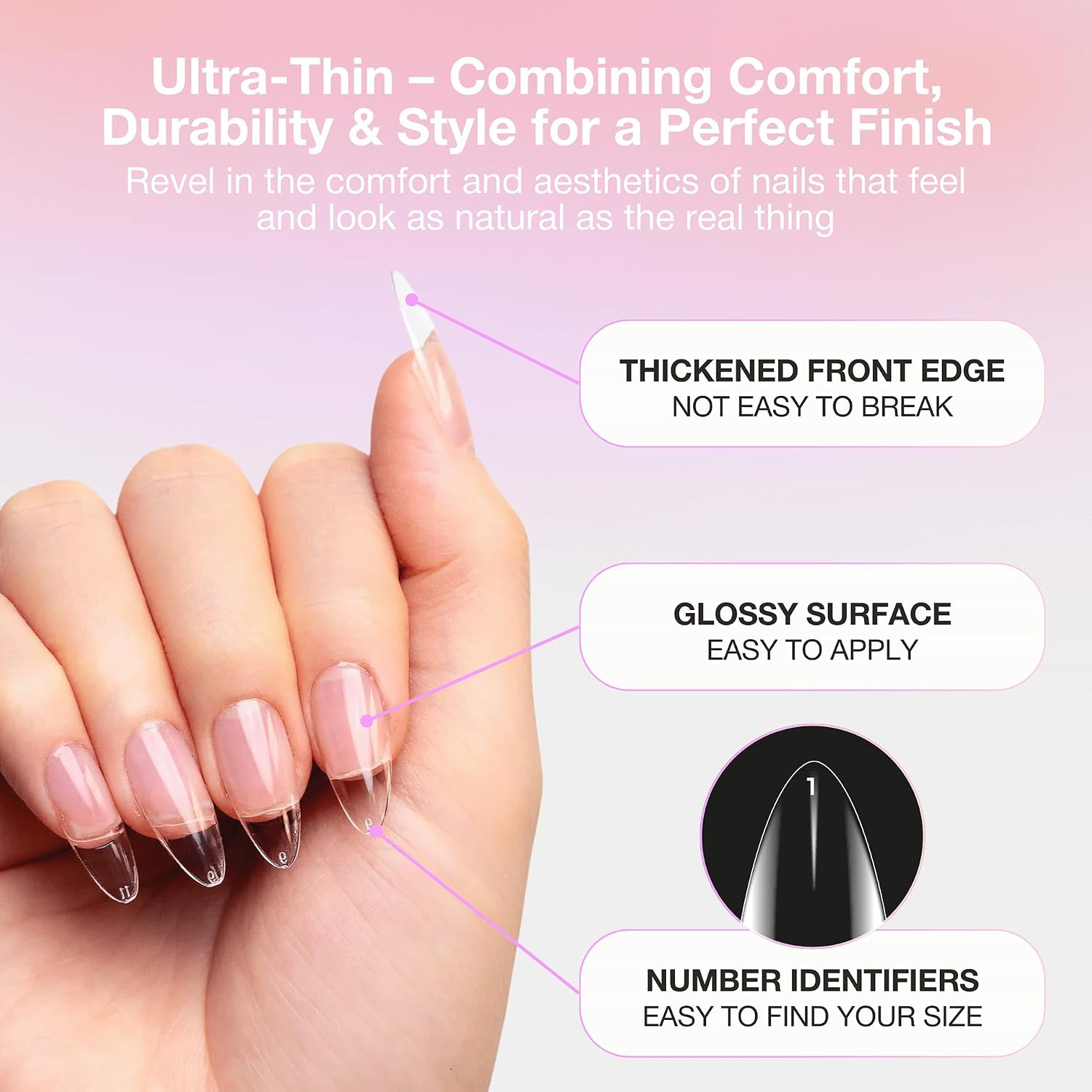 Curacoro Natural Long Almond Nail Tips 420Pcs, Soft Gel 14 Sizes image 4