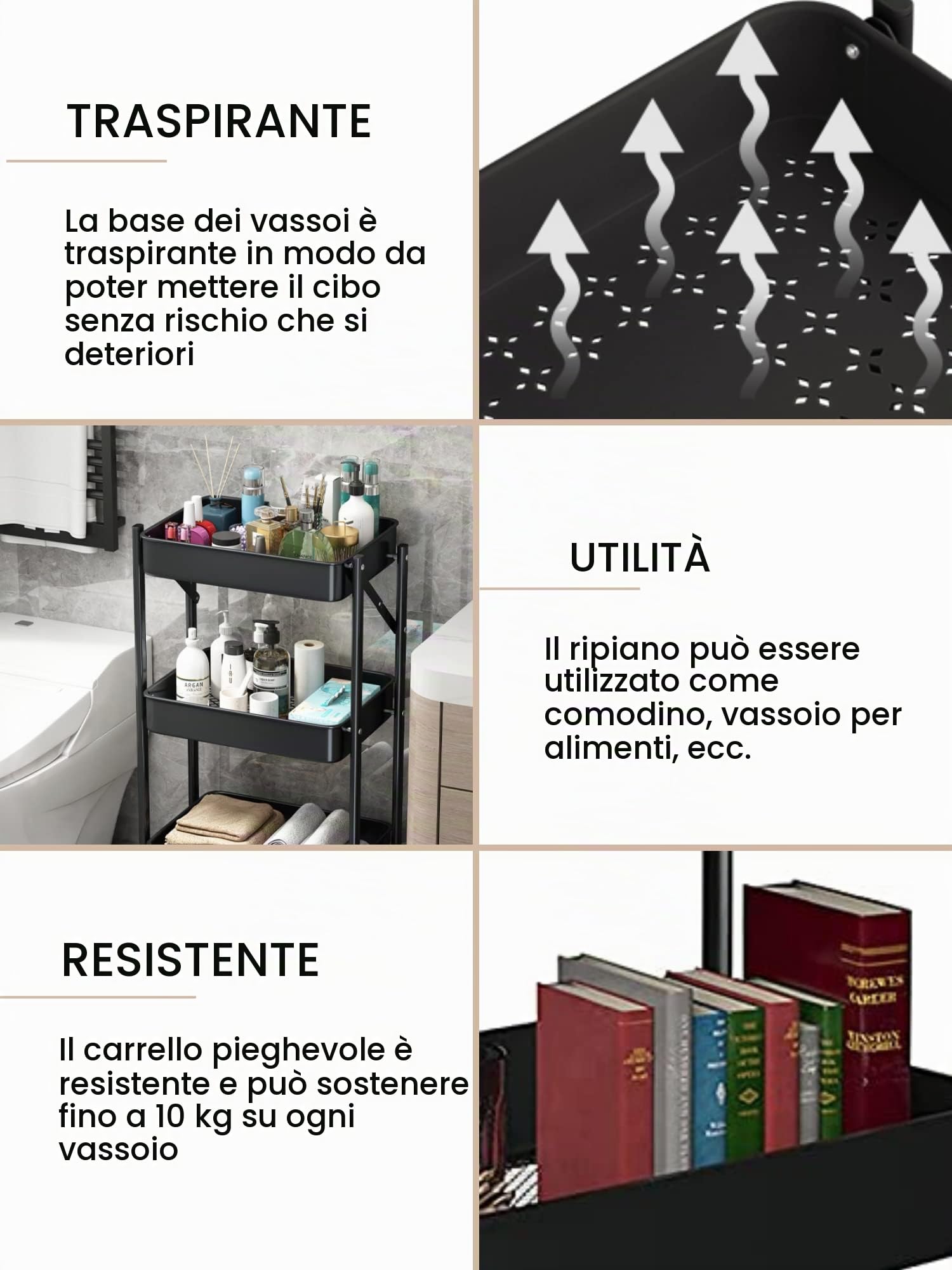 MAGIC SELECT Carrello da cucina ausiliario. Carrello Pieghevole per Fruttivendolo, Multiuso. Mensola da cucina con ruote. Carrello di servizio con 3 livelli di stoccaggio per la casa, il bagno.