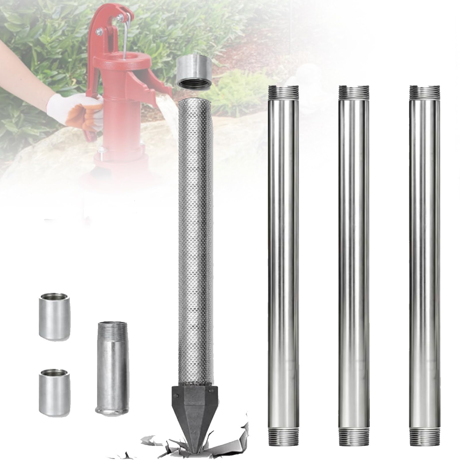 ZyKnaurral DIY Sand Point Well Kit,Heavy Duty 1-1/4" Drive Point with 60 Gauge Mesh to Clean Water, 36" Shallow Well Drilling Kit for Drive Sand Point Well& Soft Soil Well NoWaterPump-3+1kit